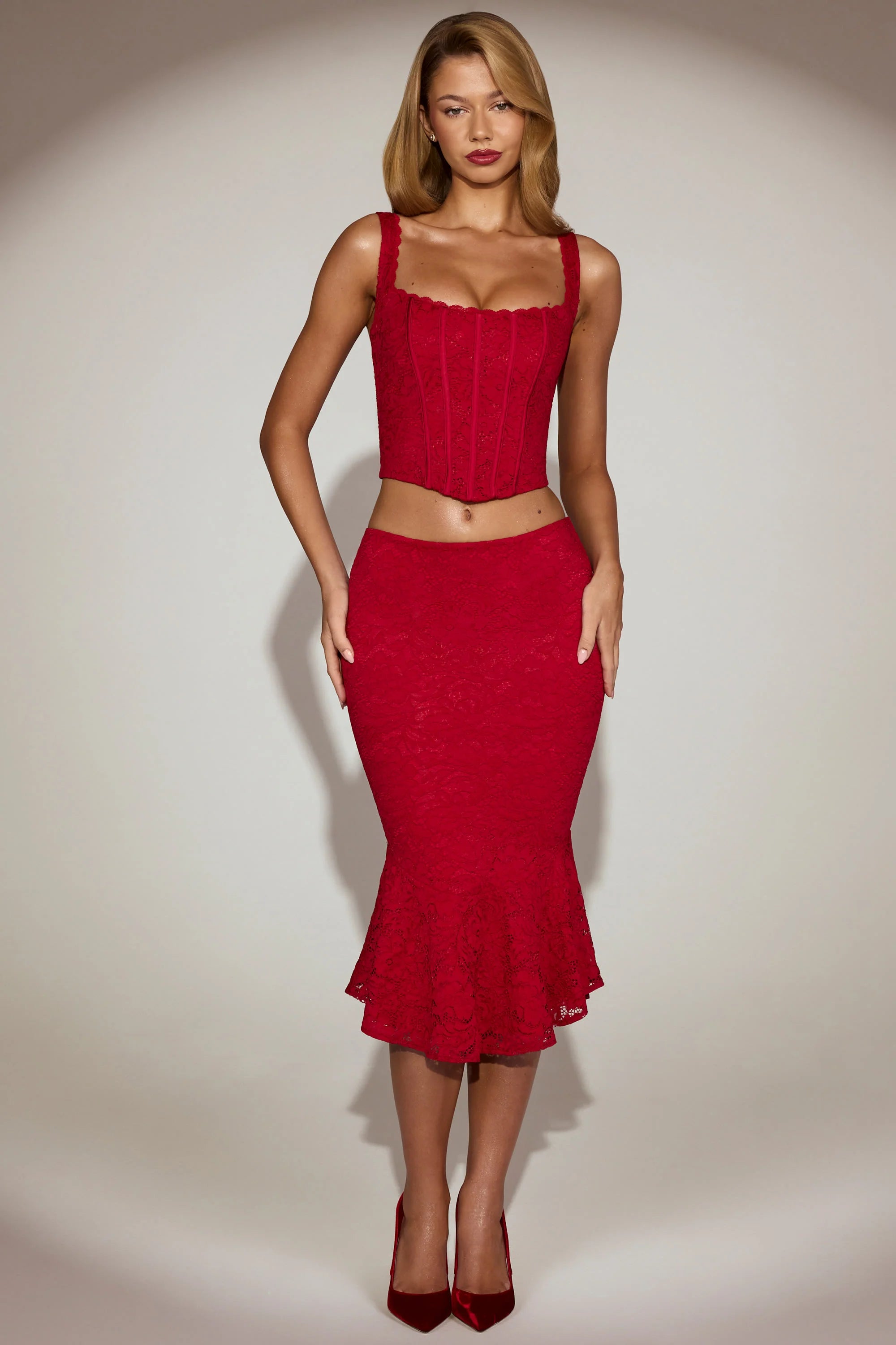 Lace Mid Rise Fluted Midi Skirt in True Red