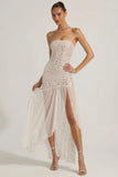 Semi Sheer Embellished Asymmetric Maxi Dress in White