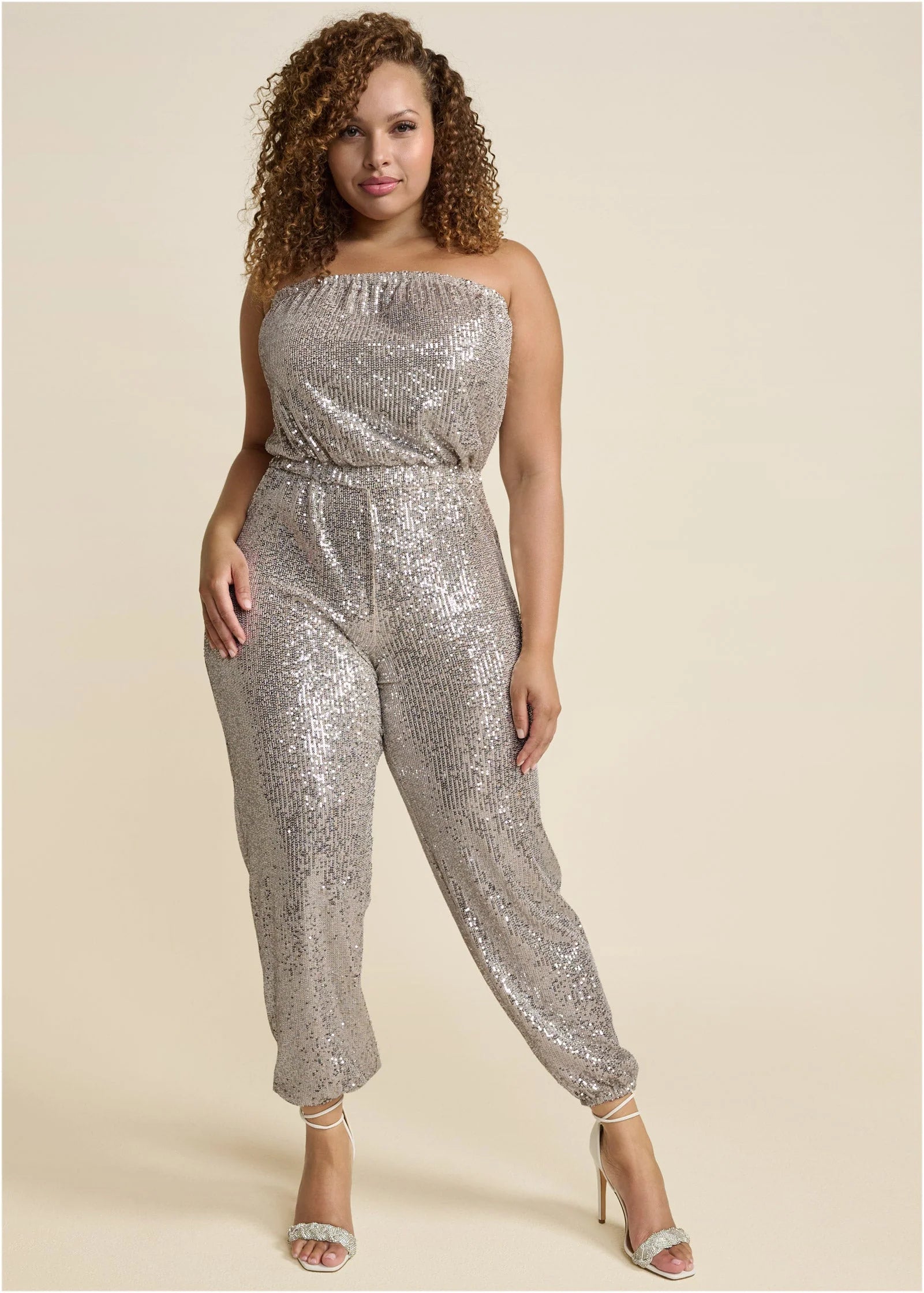 Strapless Sequin Jumpsuit Champagne