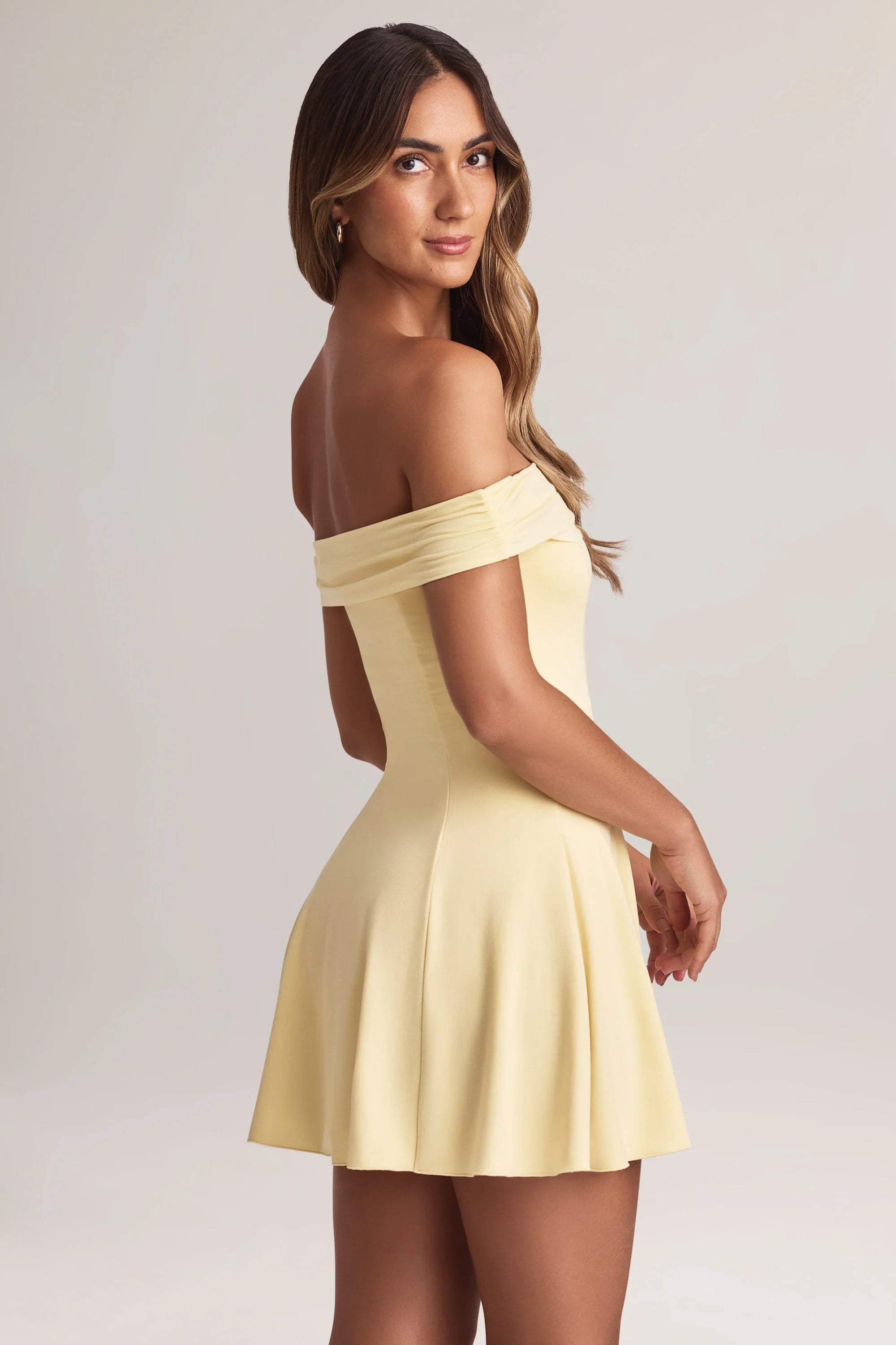 Modal Off Shoulder A Line Mini Dress in Lemon Sherbet