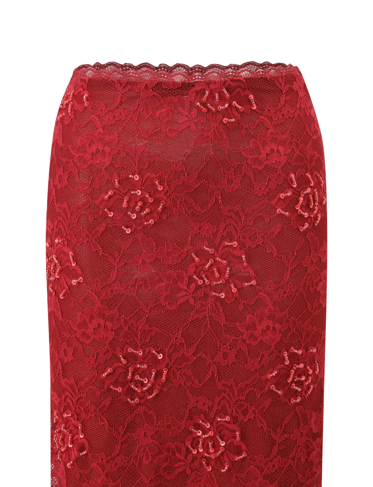 KIRRA BEADED SEQUIN LACE MIDI SKIRT RED