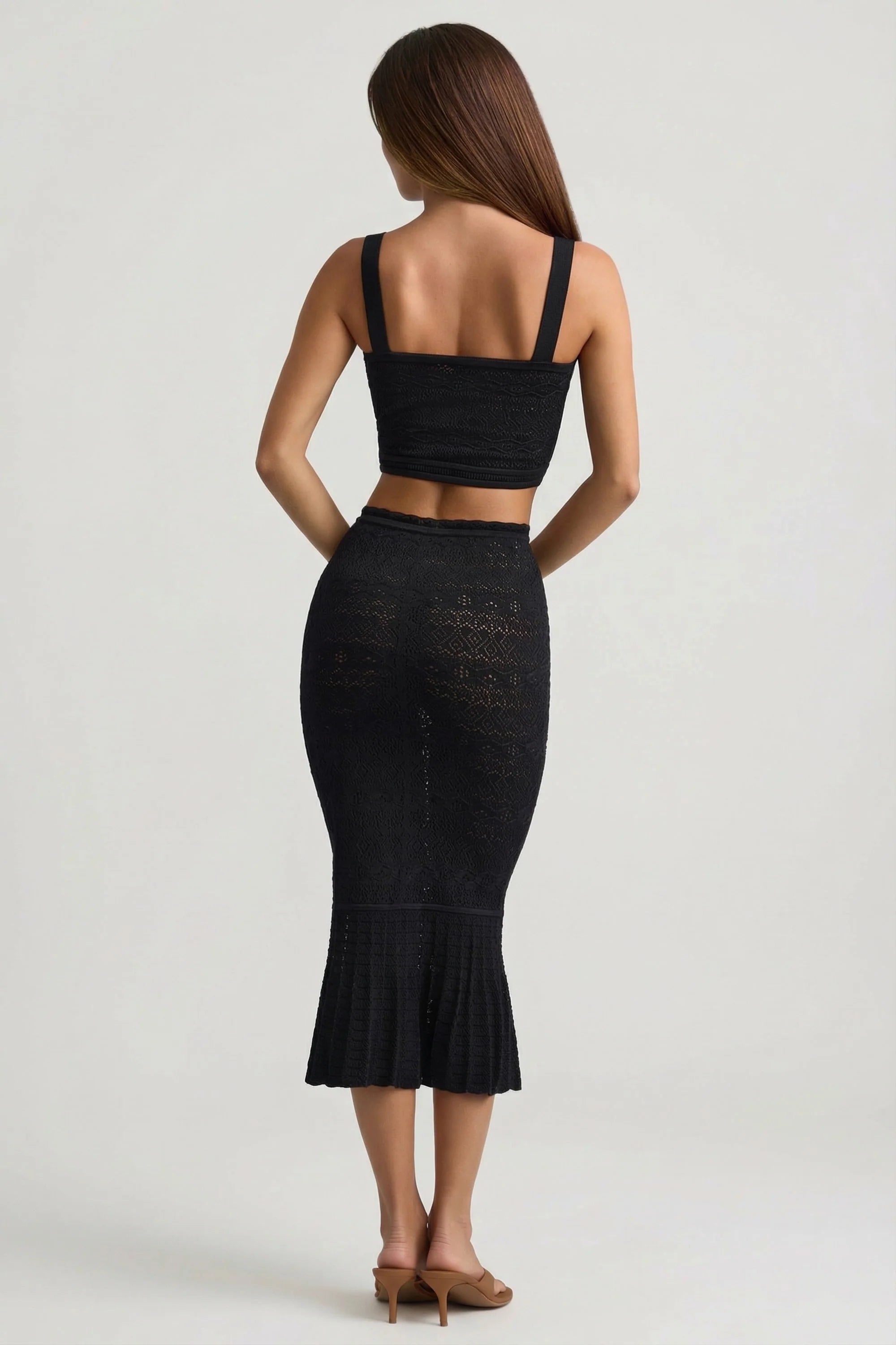 Ruffle Trim Pointelle Knit Midaxi Skirt in Black