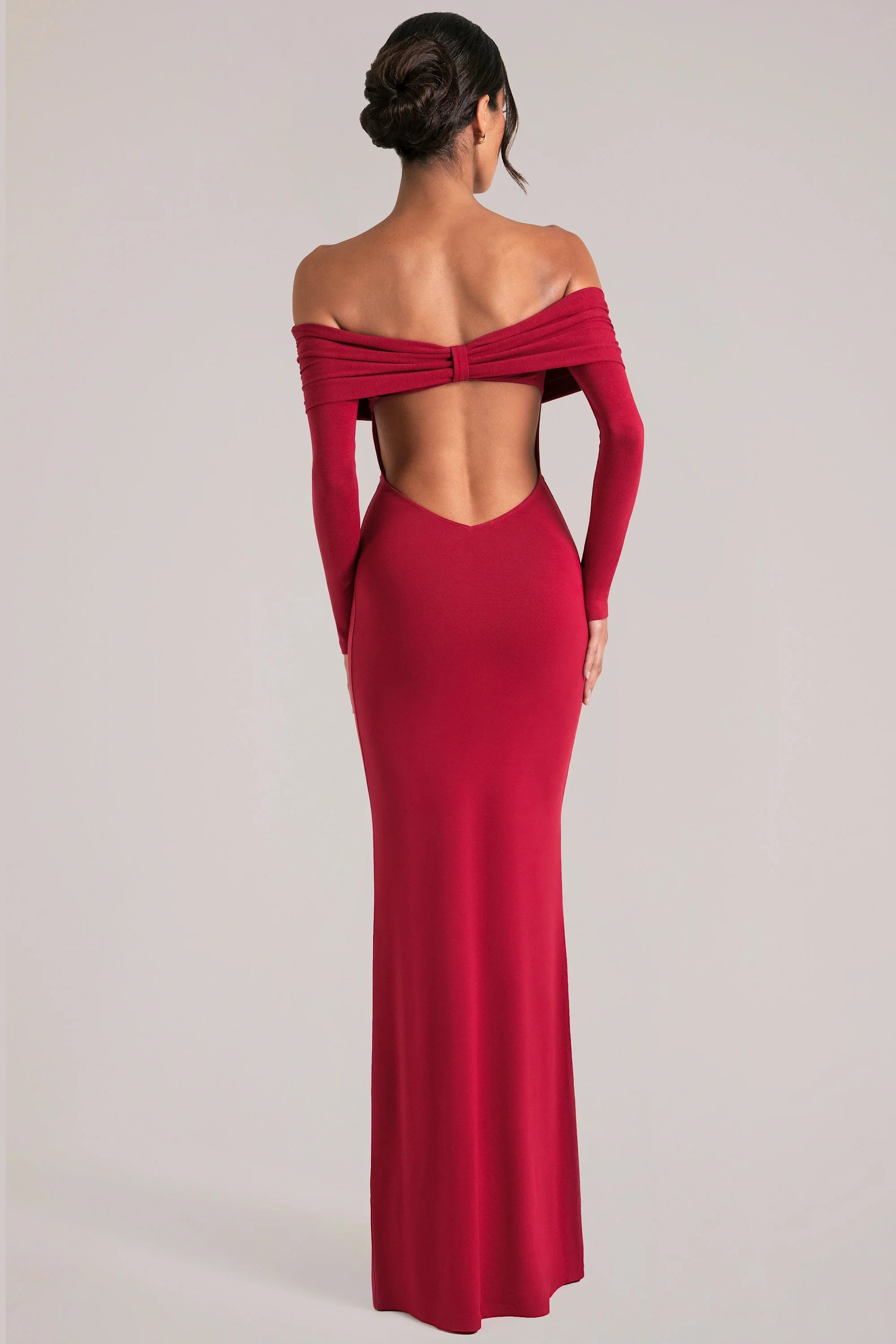 Off Shoulder Long Sleeve Maxi Dress in Cherry Red
