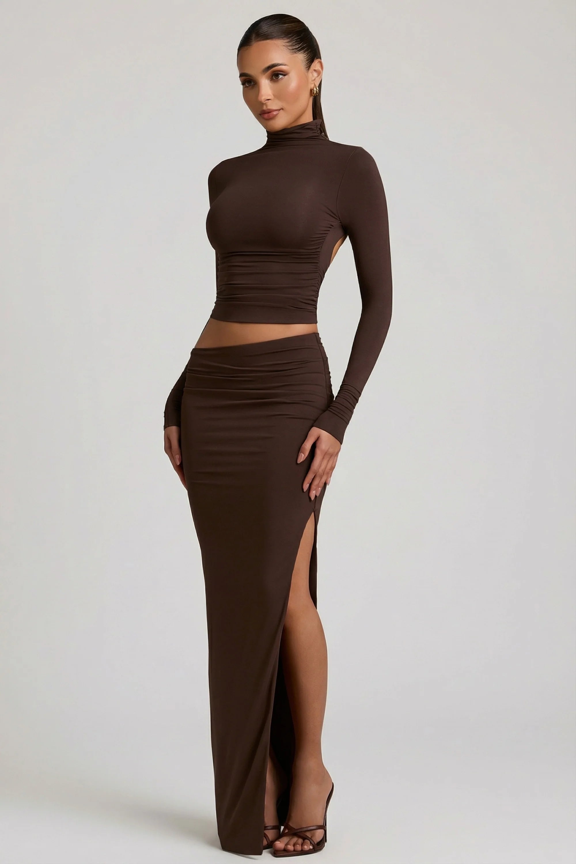 Modal Asymmetric Waist Maxi Skirt in Chocolate Brown
