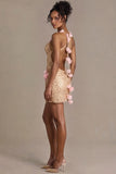 Embellished Open Back Mini Dress in Gold