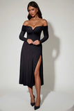Off Shoulder Lace Up A Line Midaxi Dress in Black