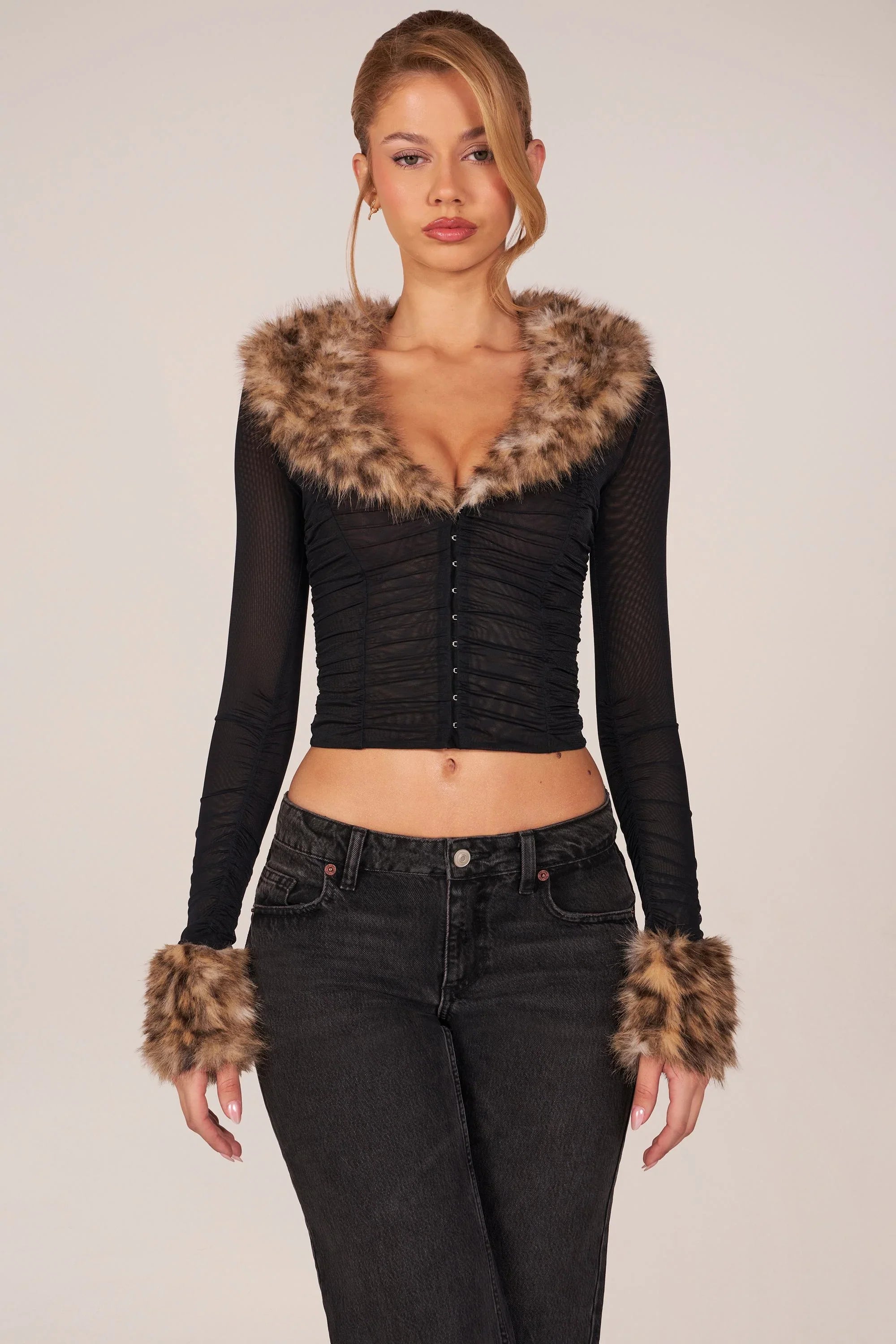 Faux Fur Trim Sheer Mesh Cardigan in Black