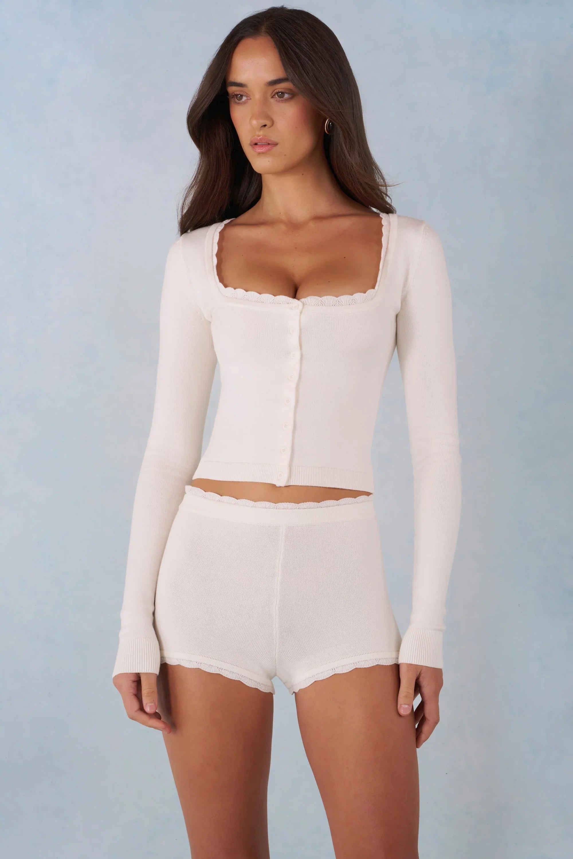 Knit Mid Rise Mini Shorts in Ivory