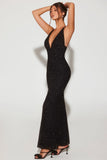 Embellished Plunge Halter Neck Evening Gown in Black