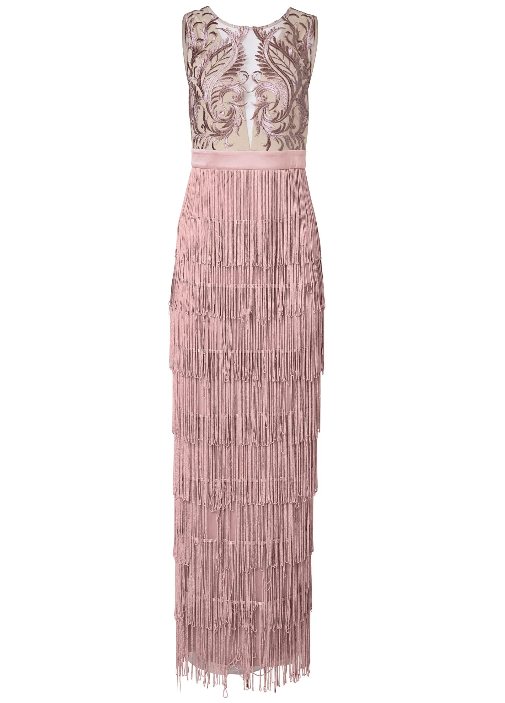 Embroidered Fringe Long Dress Tan