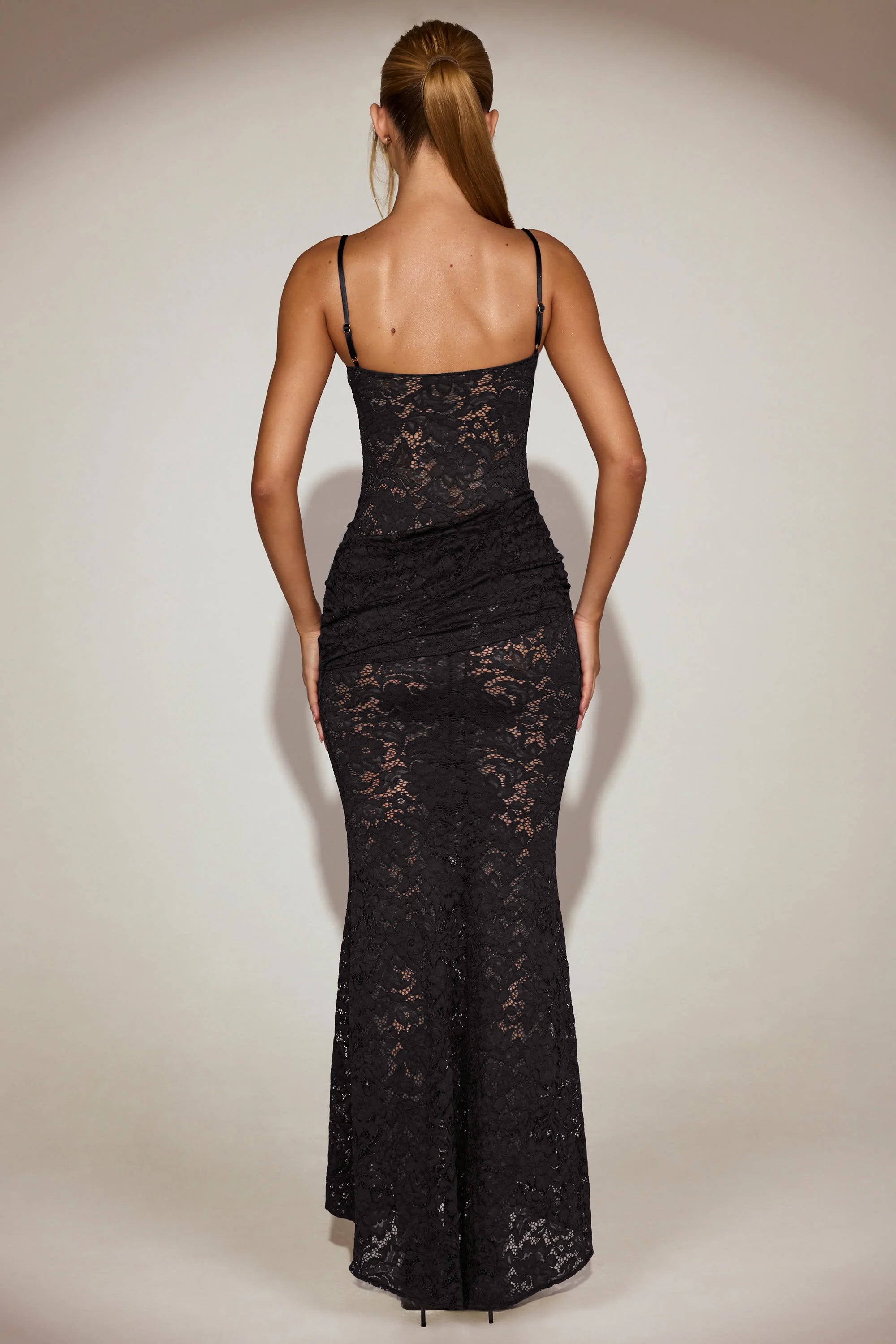 Sheer Lace Square Neck Ruched Gown in Black