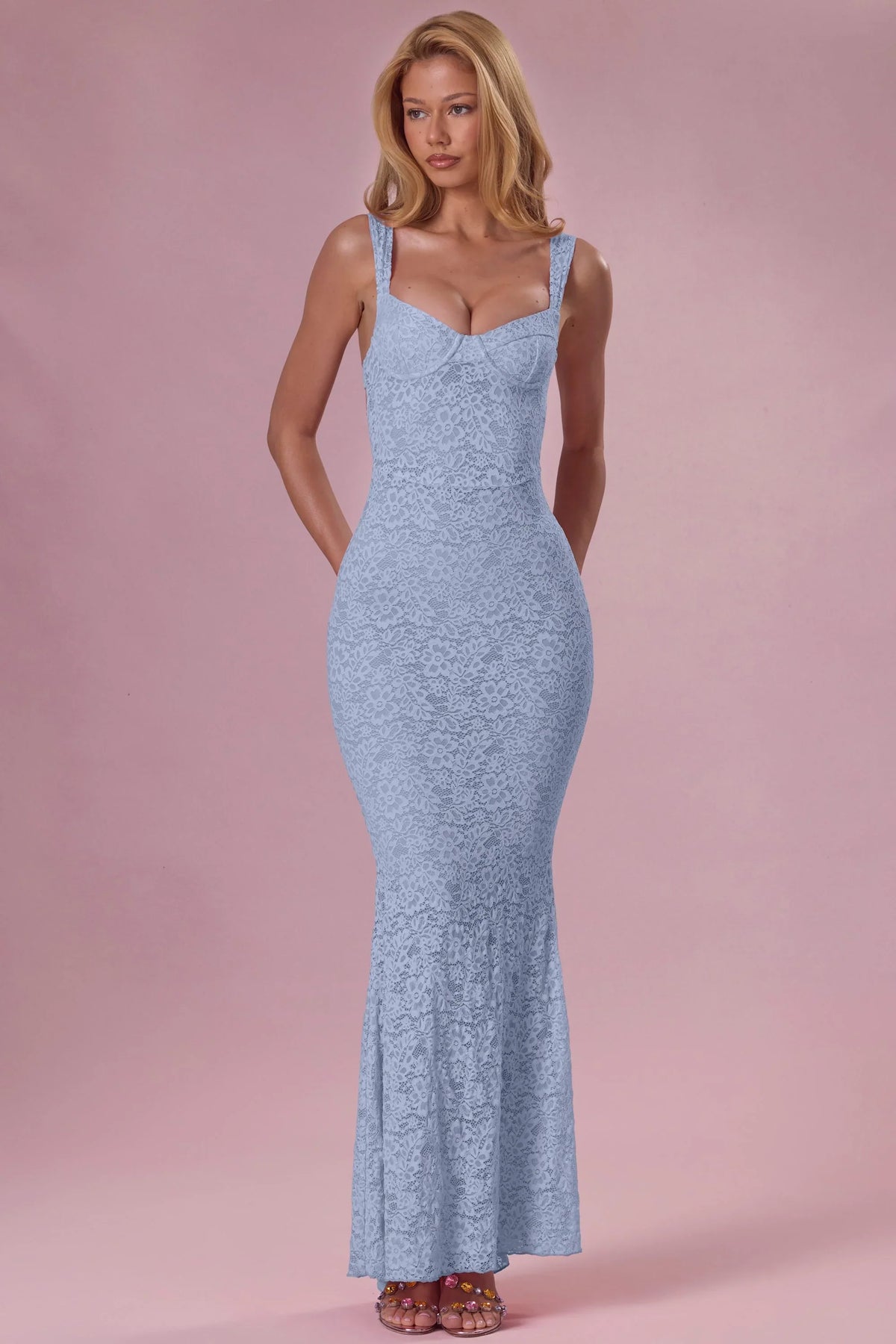 Lace Sweetheart Neck Gown in Sky Blue