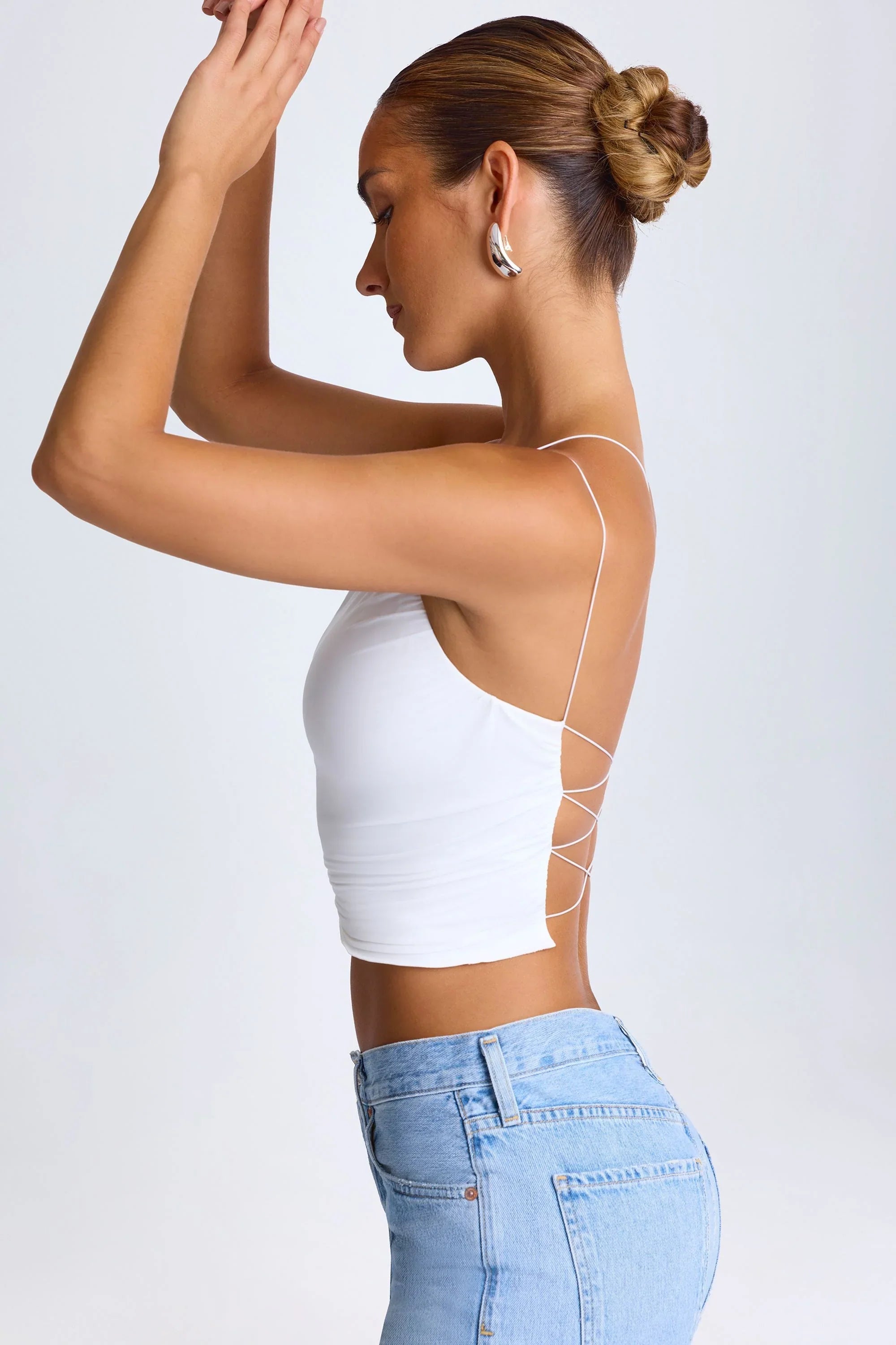 One Shoulder Lace Up Top in White