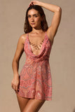 Cowl Plunge Mini Dress in Paisley Print