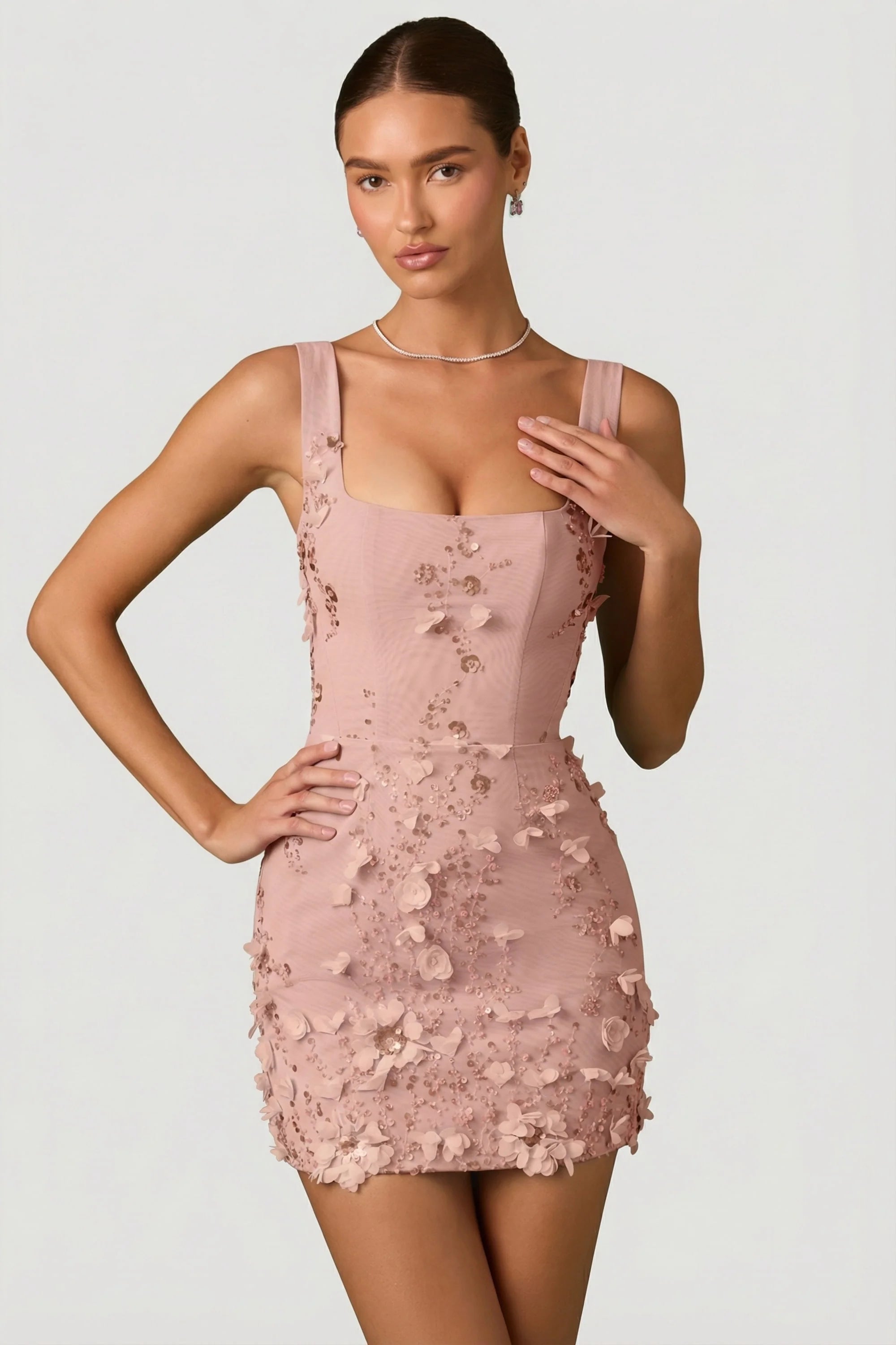 Embellished Appliqué Corset Mini Dress in Dusty Rose