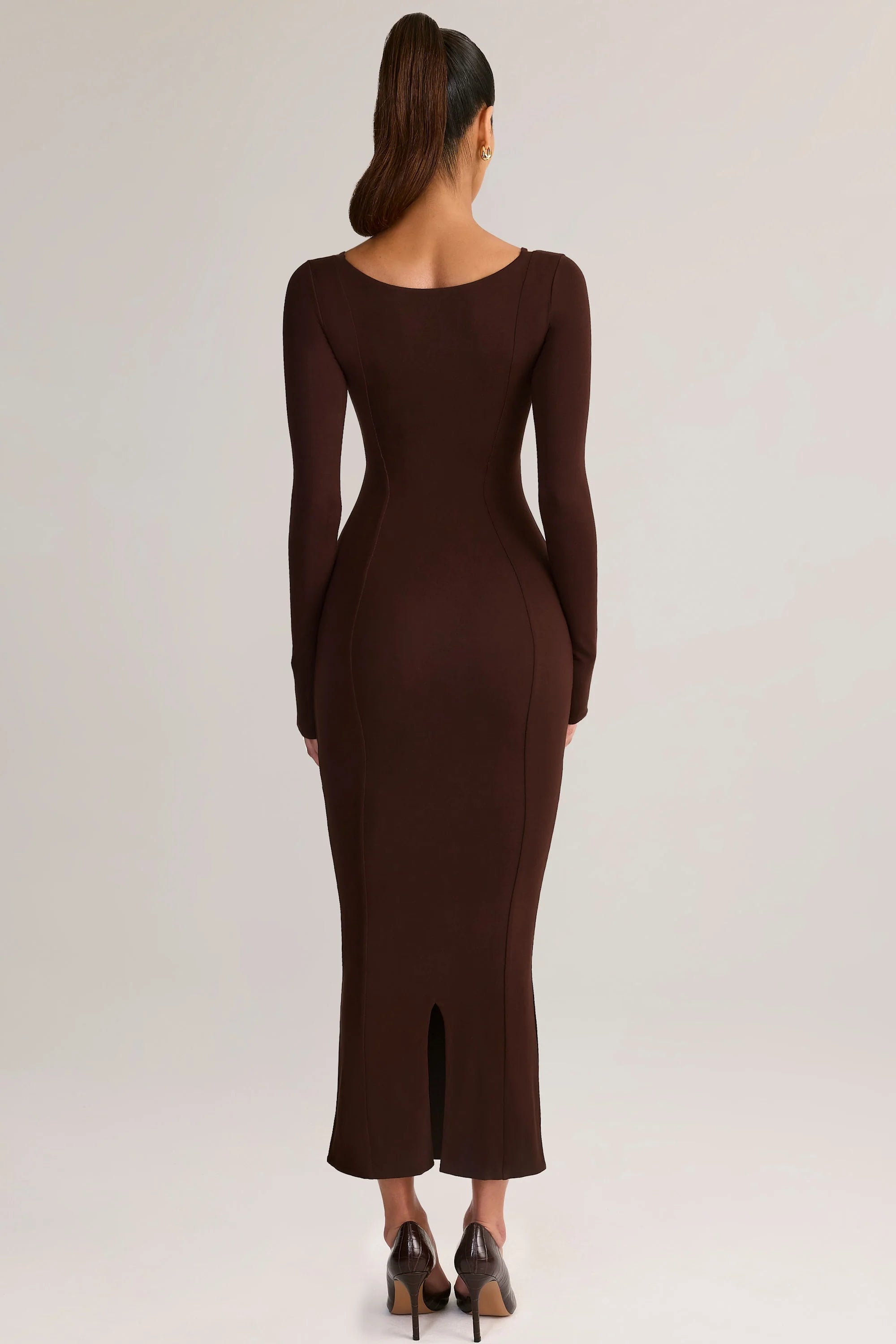 Modal Peekaboo Long Sleeve Midi Dress in Chocolate Brown