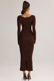 Modal Peekaboo Long Sleeve Midi Dress in Chocolate Brown