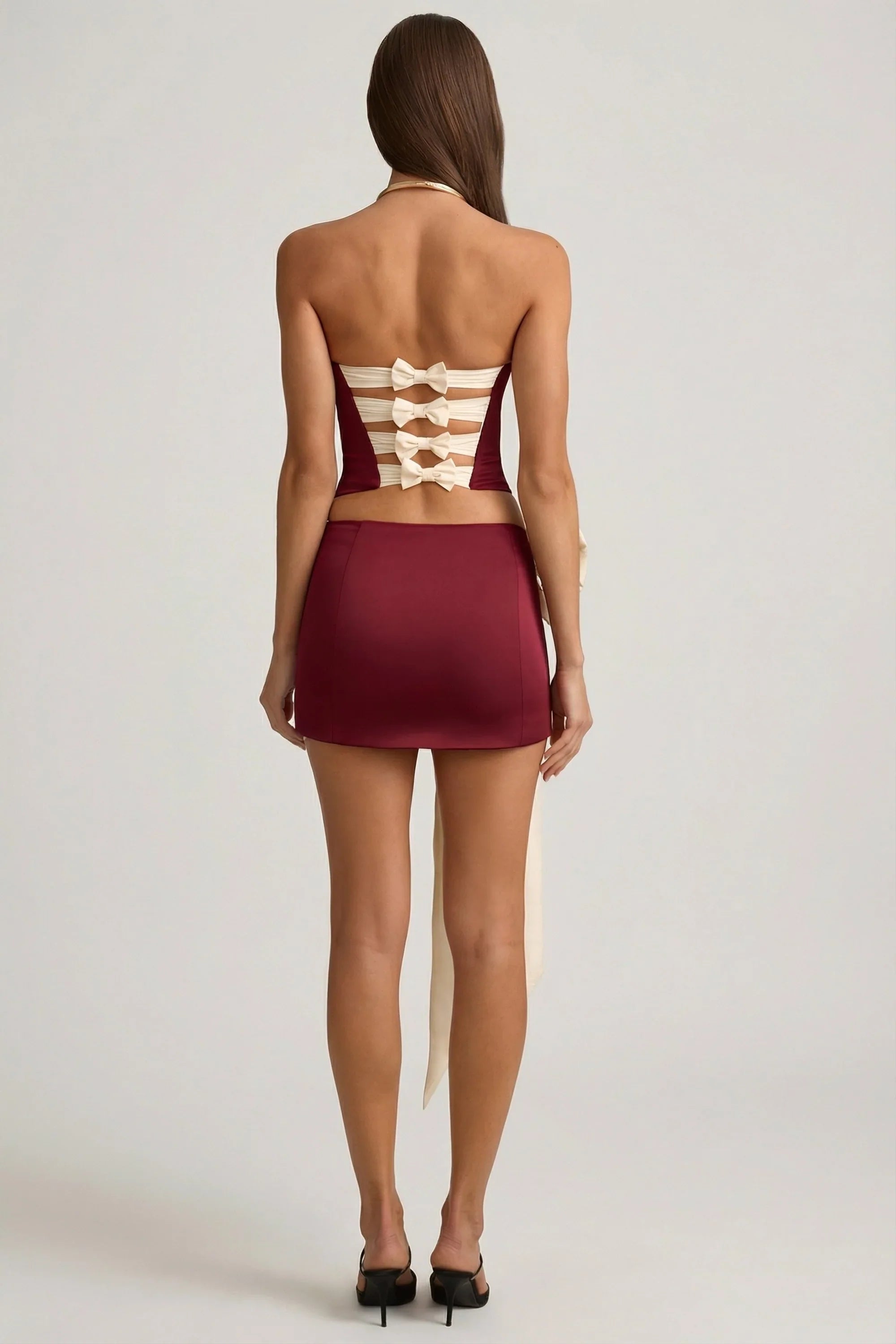 Satin Bow Detail Low Rise Mini Skirt in Wine Red