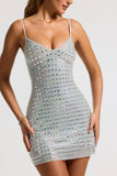 Embellished V neck A Line Mini Dress in Silver