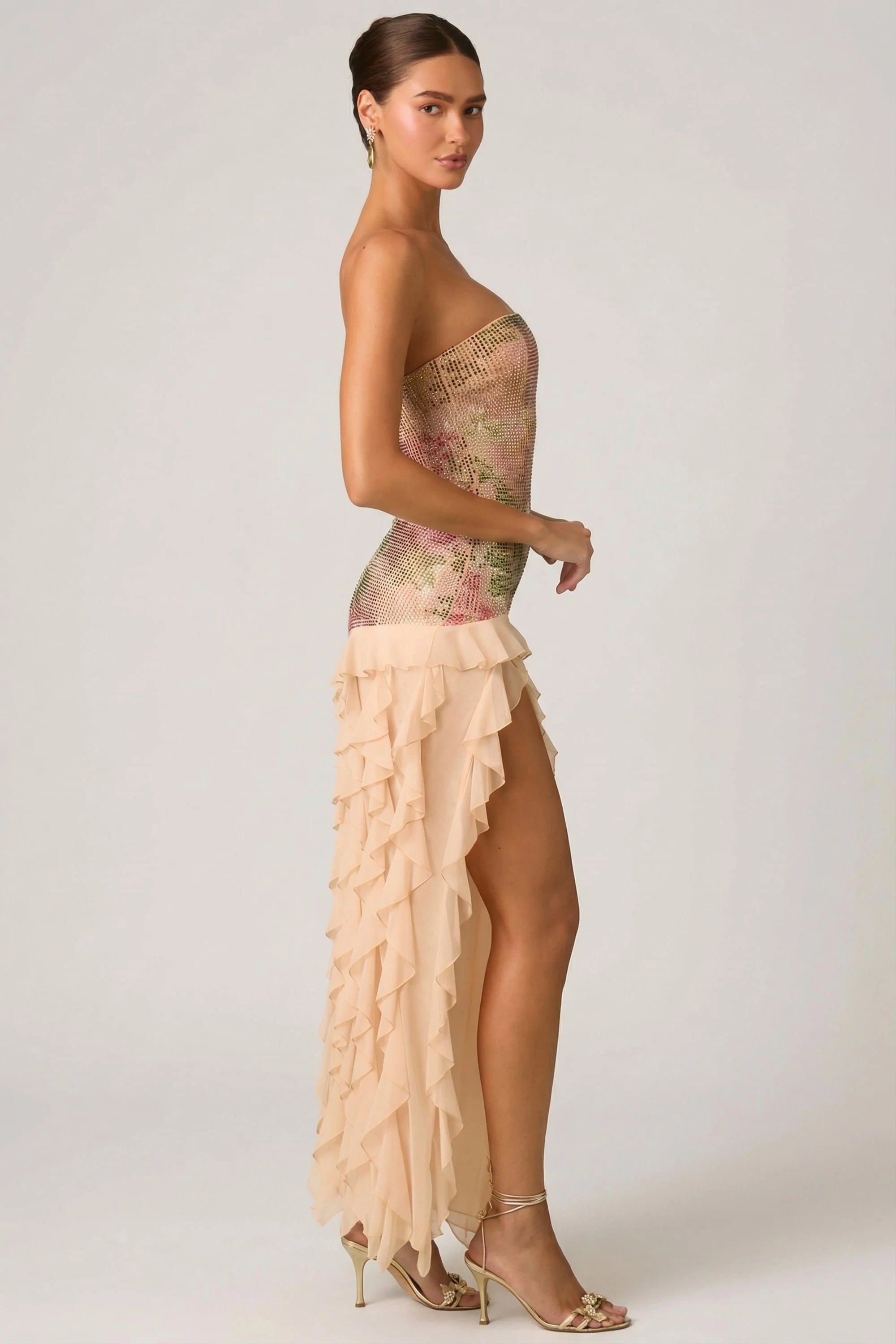 Embellished Ruffle Trim Strapless Gown in Rose Hotfix