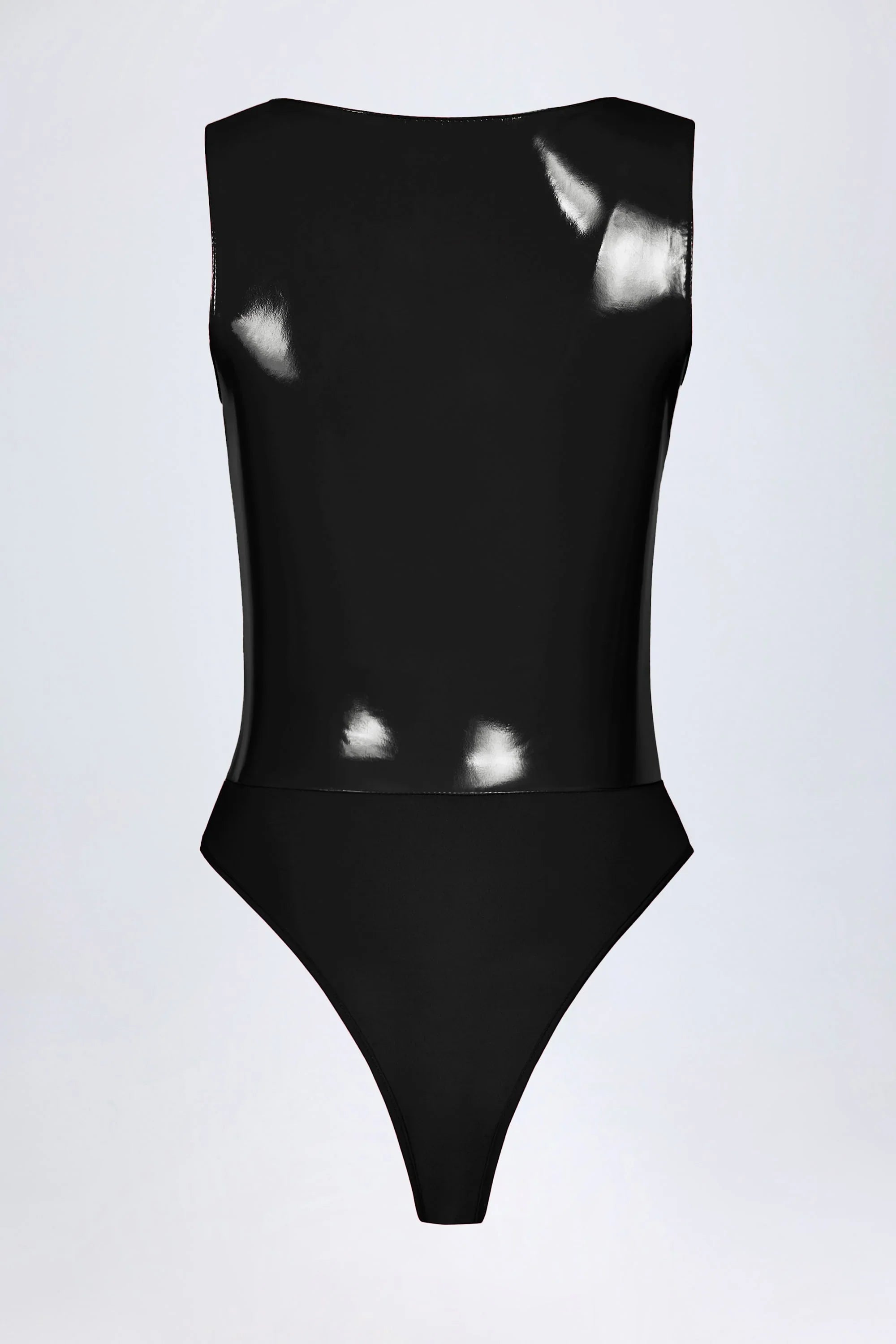 Glossy Vinyl Plunge Neck Bodysuit in Black