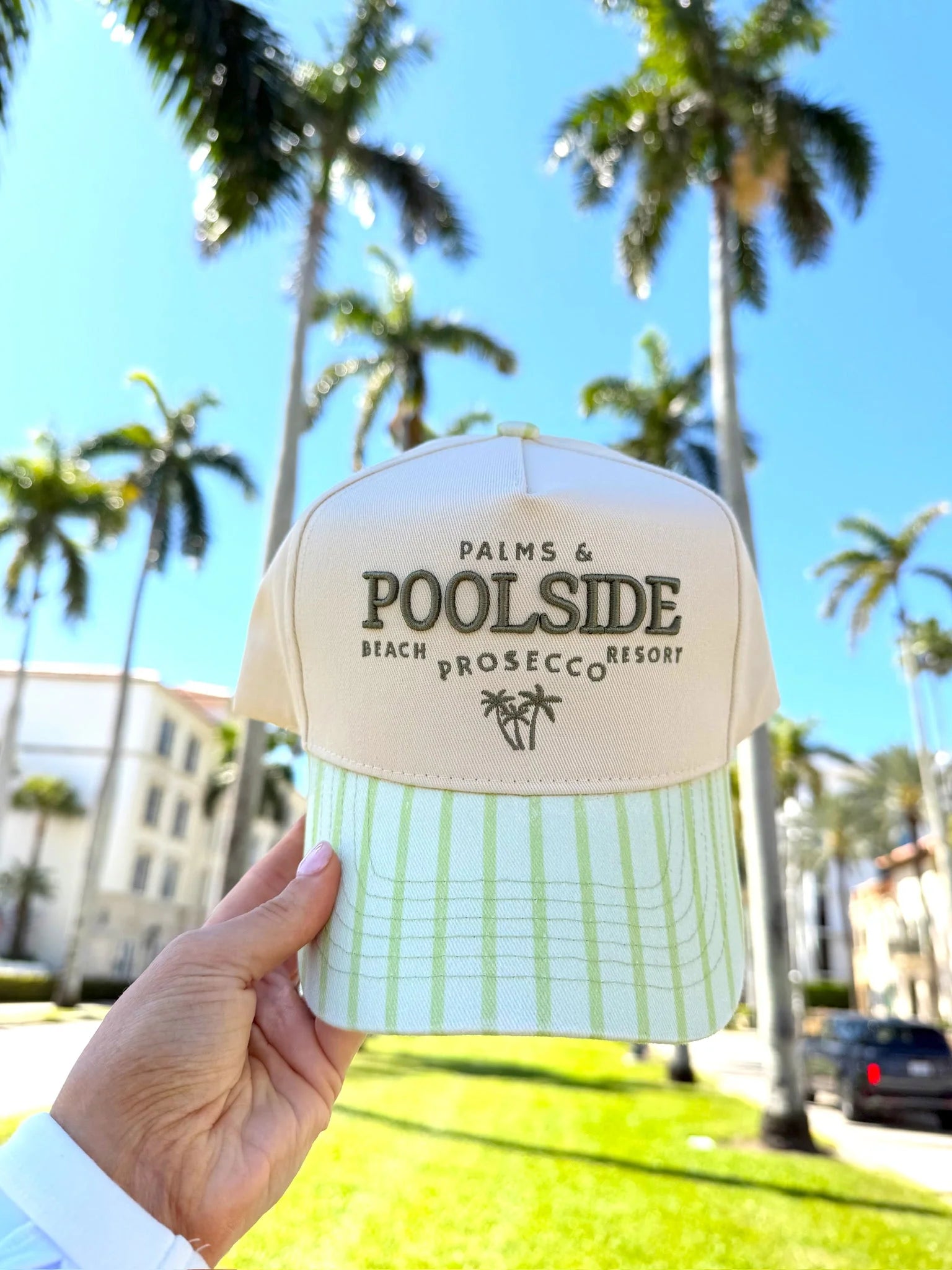 KenzKustomz Green Stripe Trucker Hat Palms Poolside