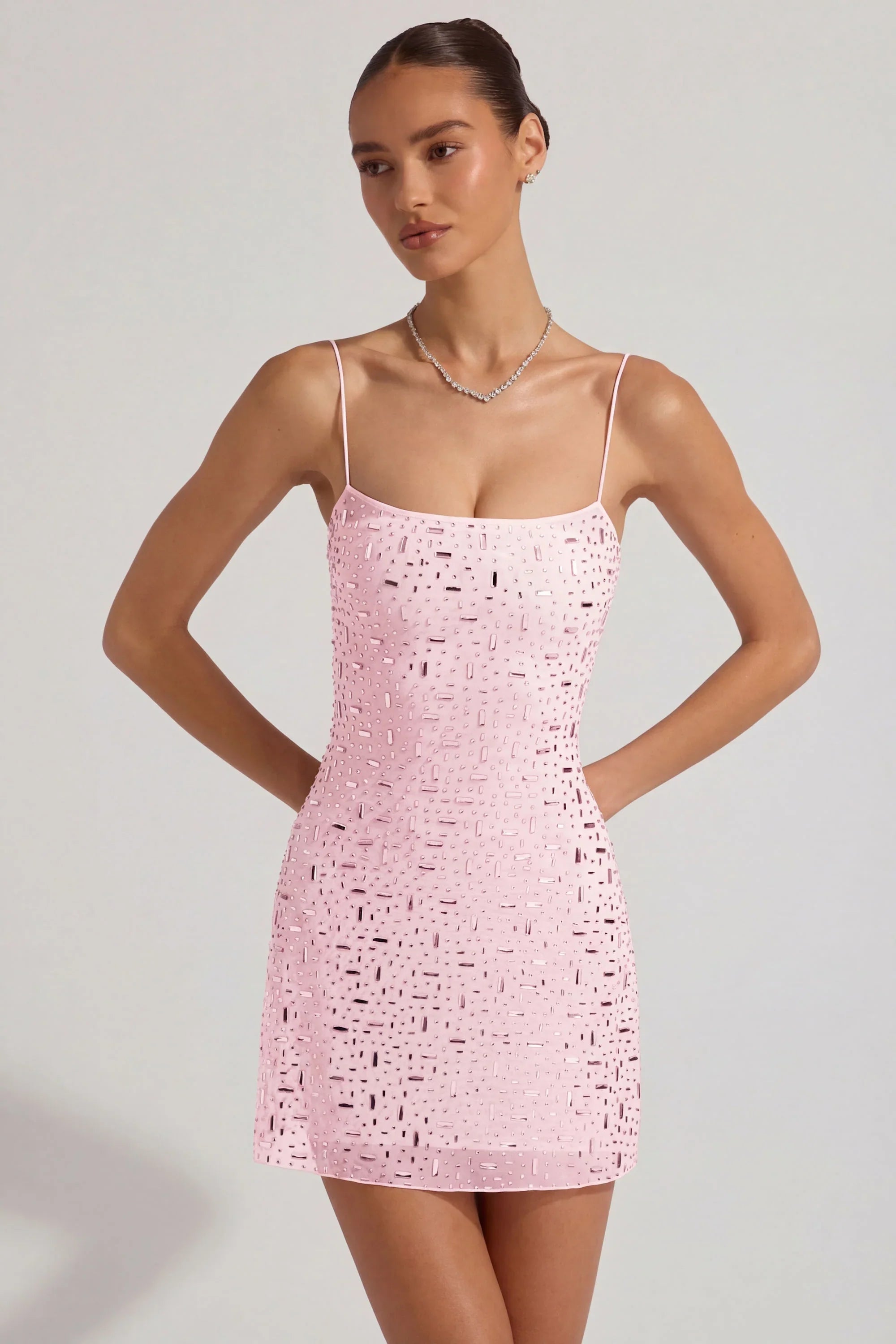 Sheer Embellished Square Neck Mini Dress in Pink