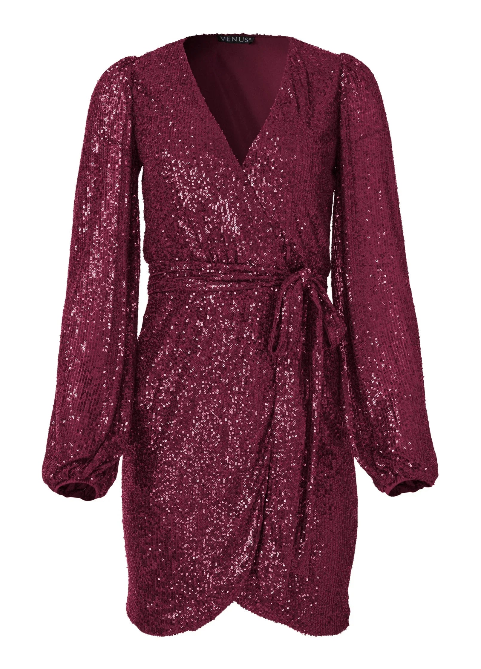 Belted Sequin Wrap Dress Wine