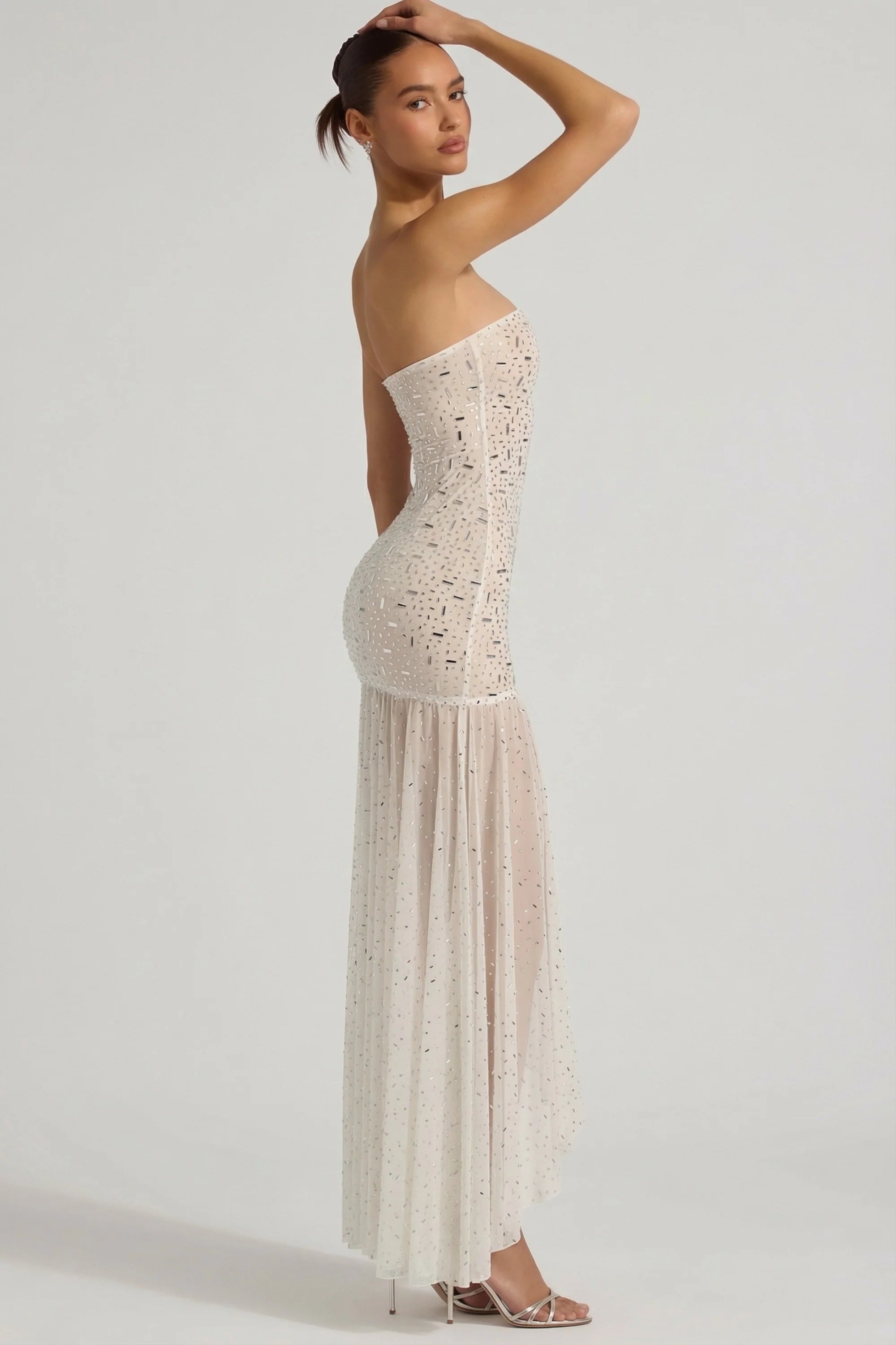 Semi Sheer Embellished Asymmetric Maxi Dress in White