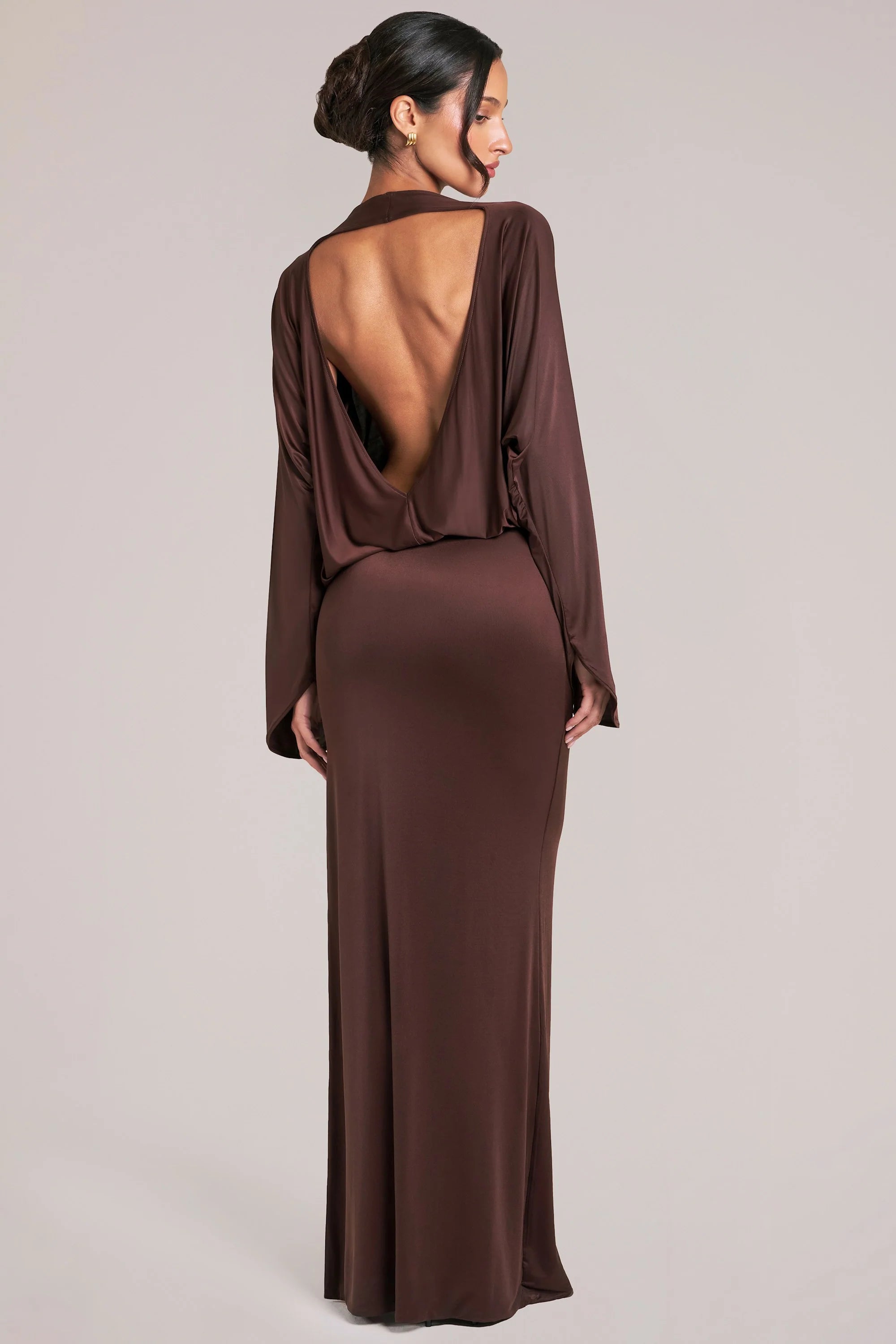 Long Sleeve Draped Maxi Dress in Chocolate Brown