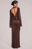 Long Sleeve Draped Maxi Dress in Chocolate Brown