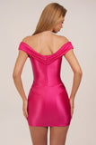 Satin Off Shoulder Draped Mini Dress in Hot Pink