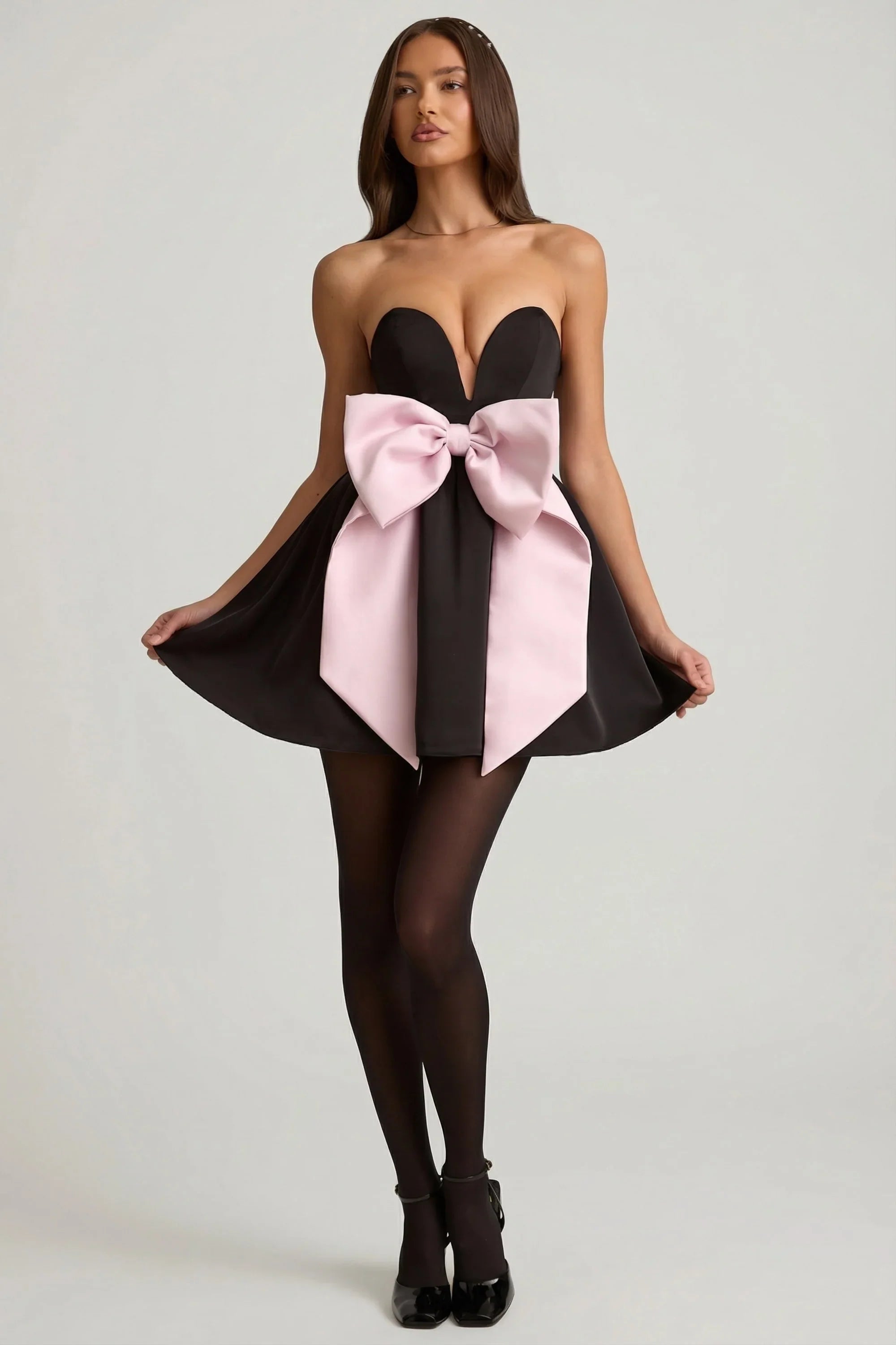 Bow Detail Corset Mini Dress in Black