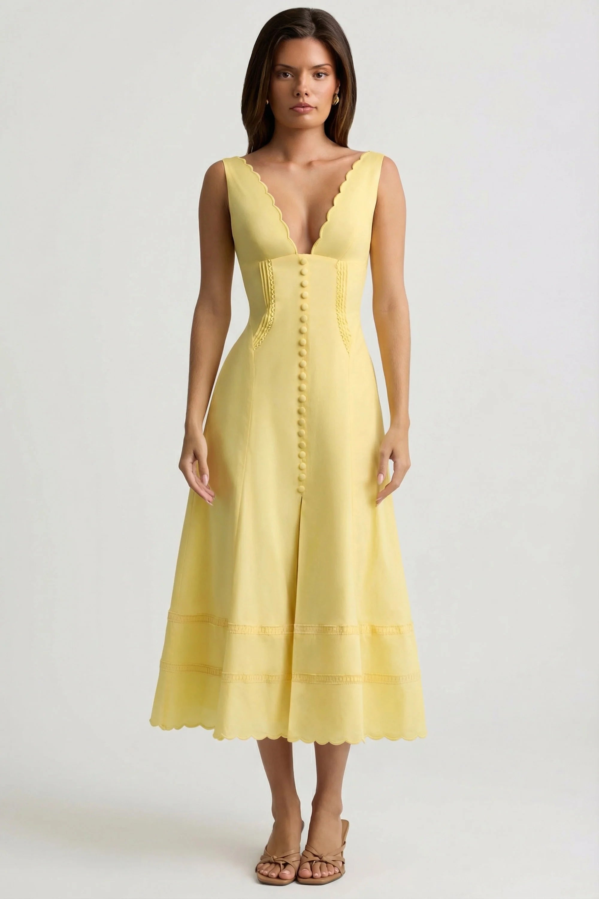 Cotton Poplin A Line Midaxi Dress in Pastel Yellow