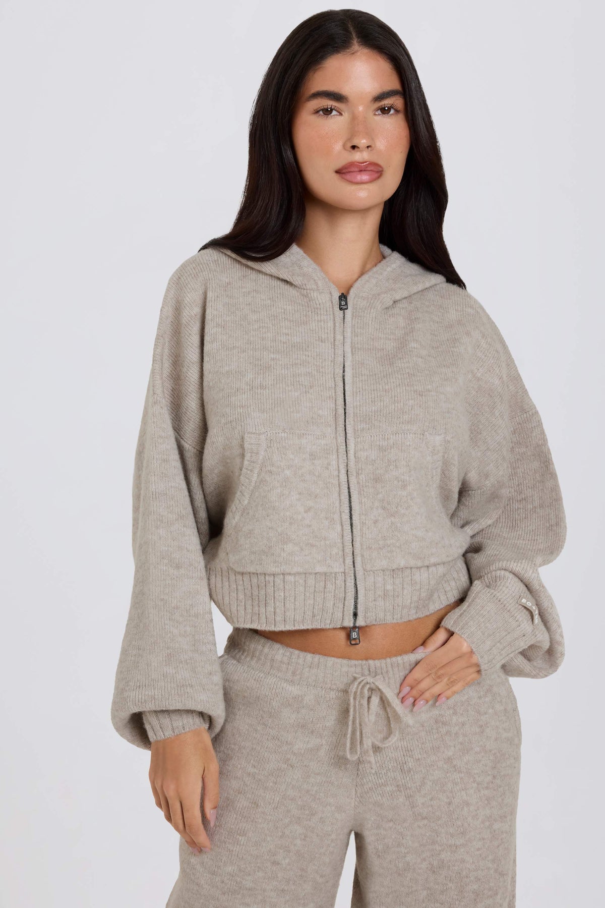 Soft Knit Zip Up Cropped Hoodie in Beige