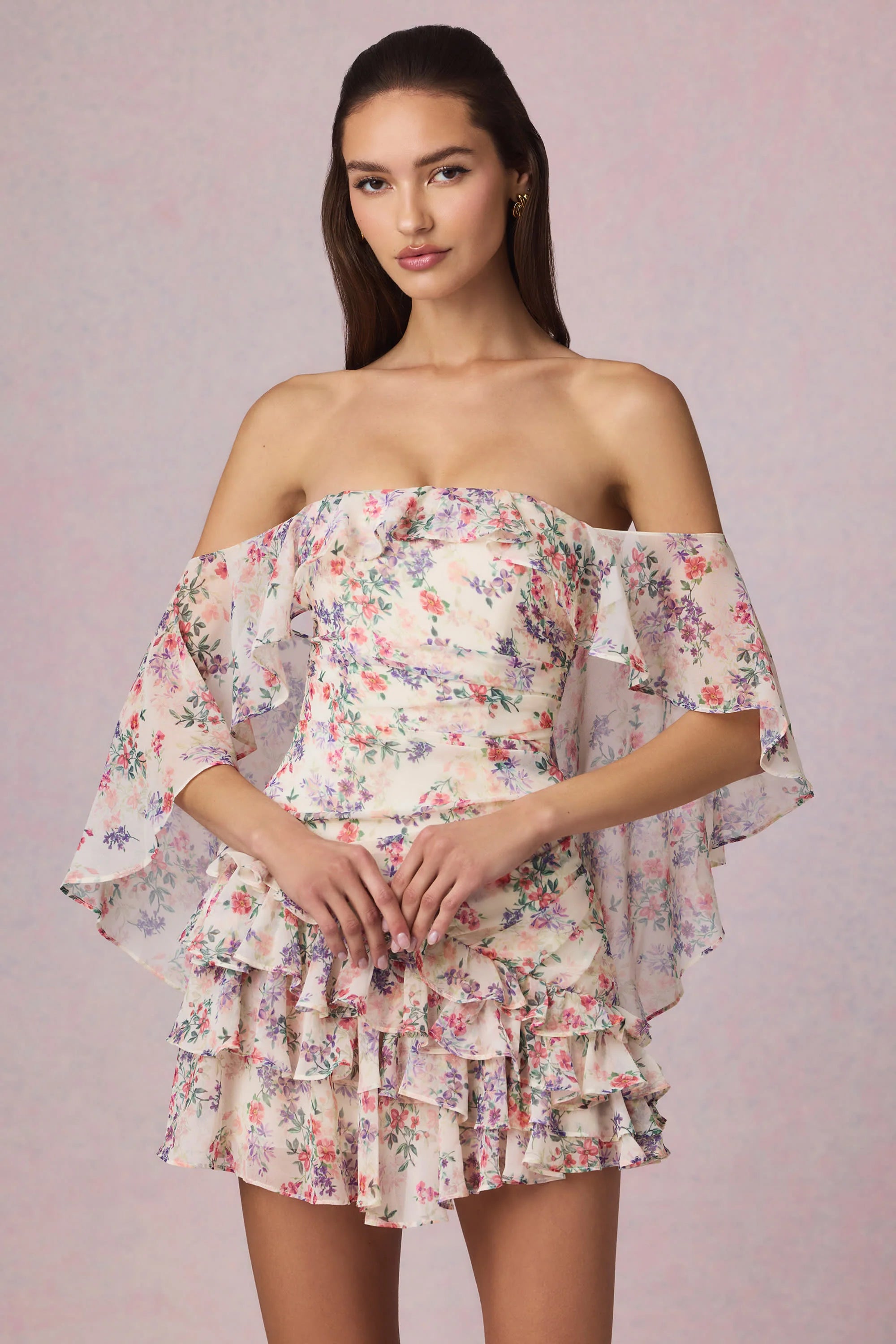 Off Shoulder Ruffled Mini Dress in Primrose Floral Print