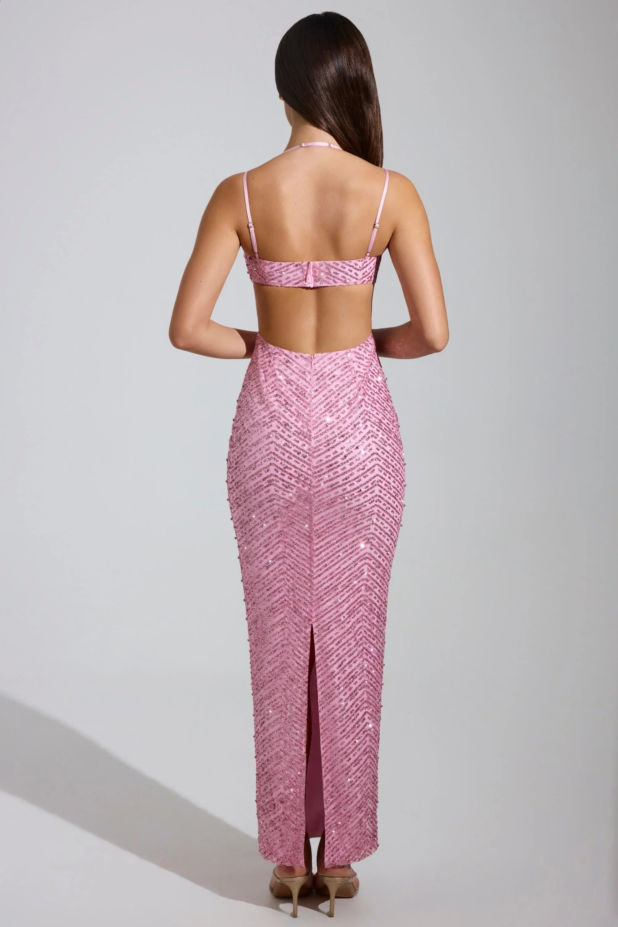 Embellished Cowl Neck Maxi Dress in Pink