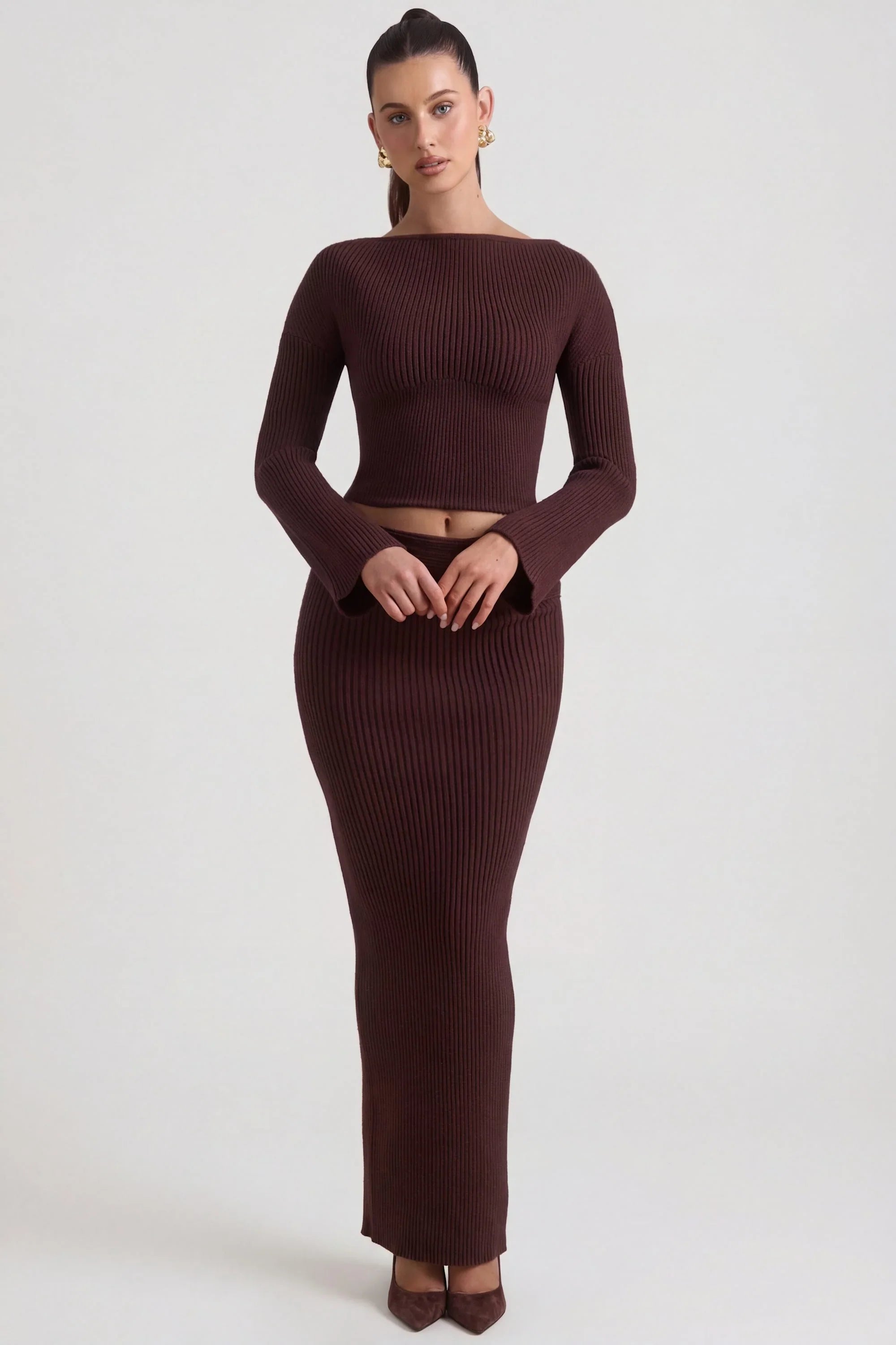 Ribbed Knit Foldover Maxi Skirt in Espresso