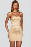 Satin Scalloped Bandeau Ruched Mini Dress in Champagne