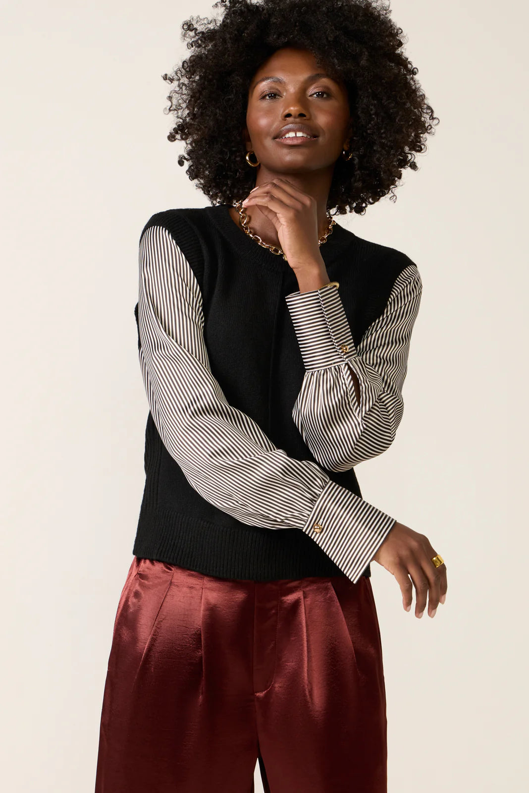 Dana Satin Sleeve Twofer Sweater