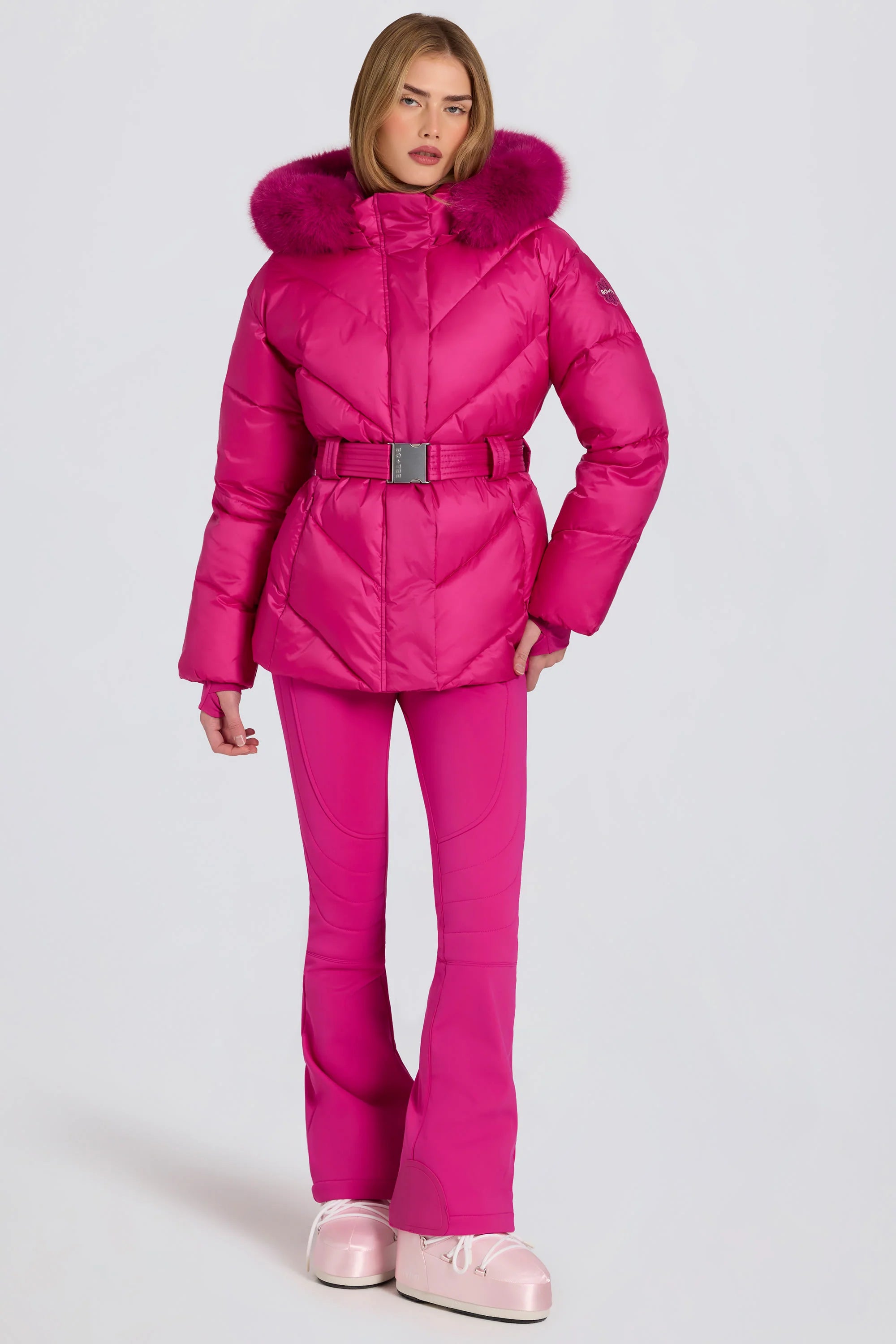 Waterproof Faux Fur Hood Ski Jacket in Magenta Pink