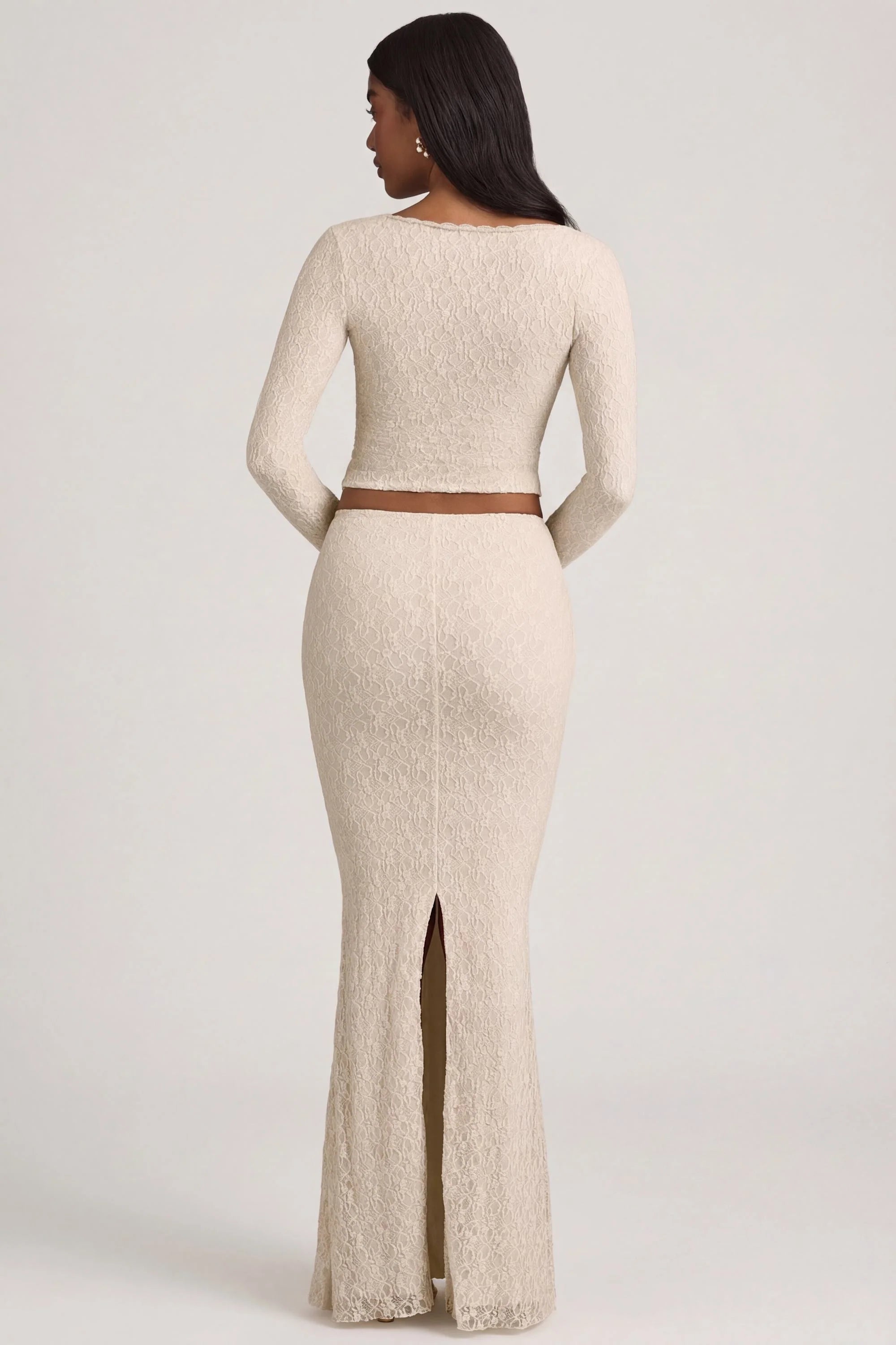 Draped Low Rise Lace Maxi Skirt in Ivory