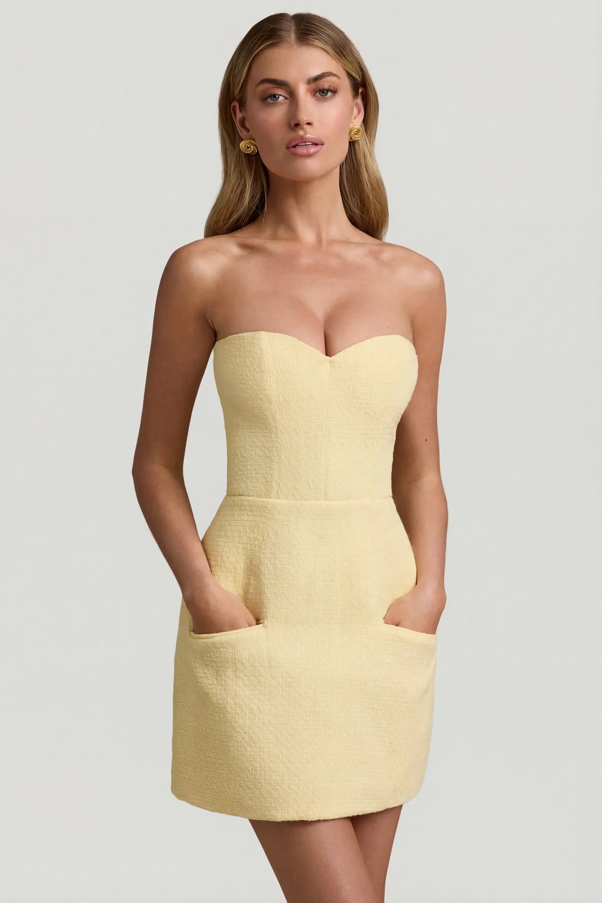 Sweetheart Neck Strapless Structured Mini Dress in Pastel Yellow