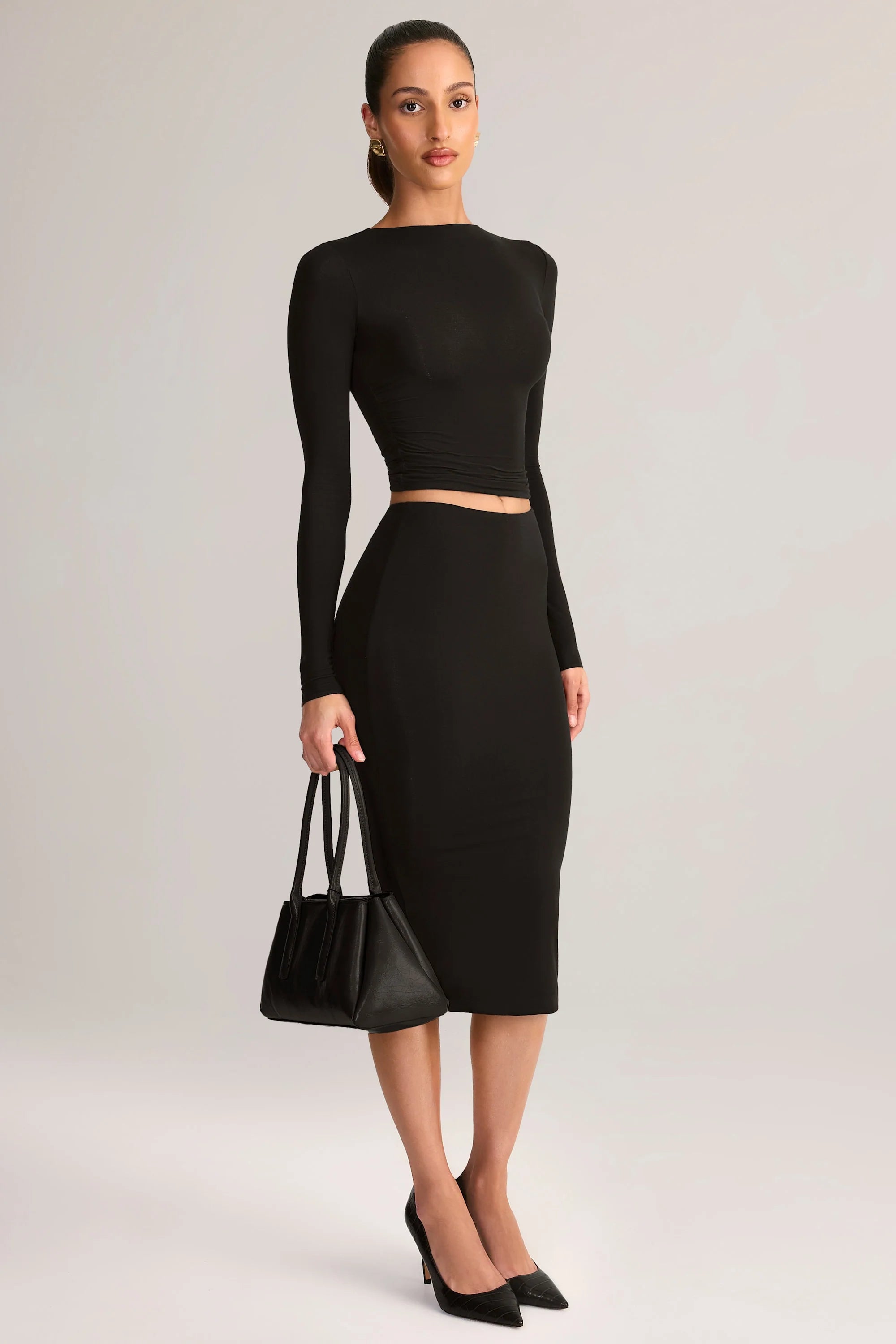 Modal Mid Rise Pencil Midi Skirt in Black
