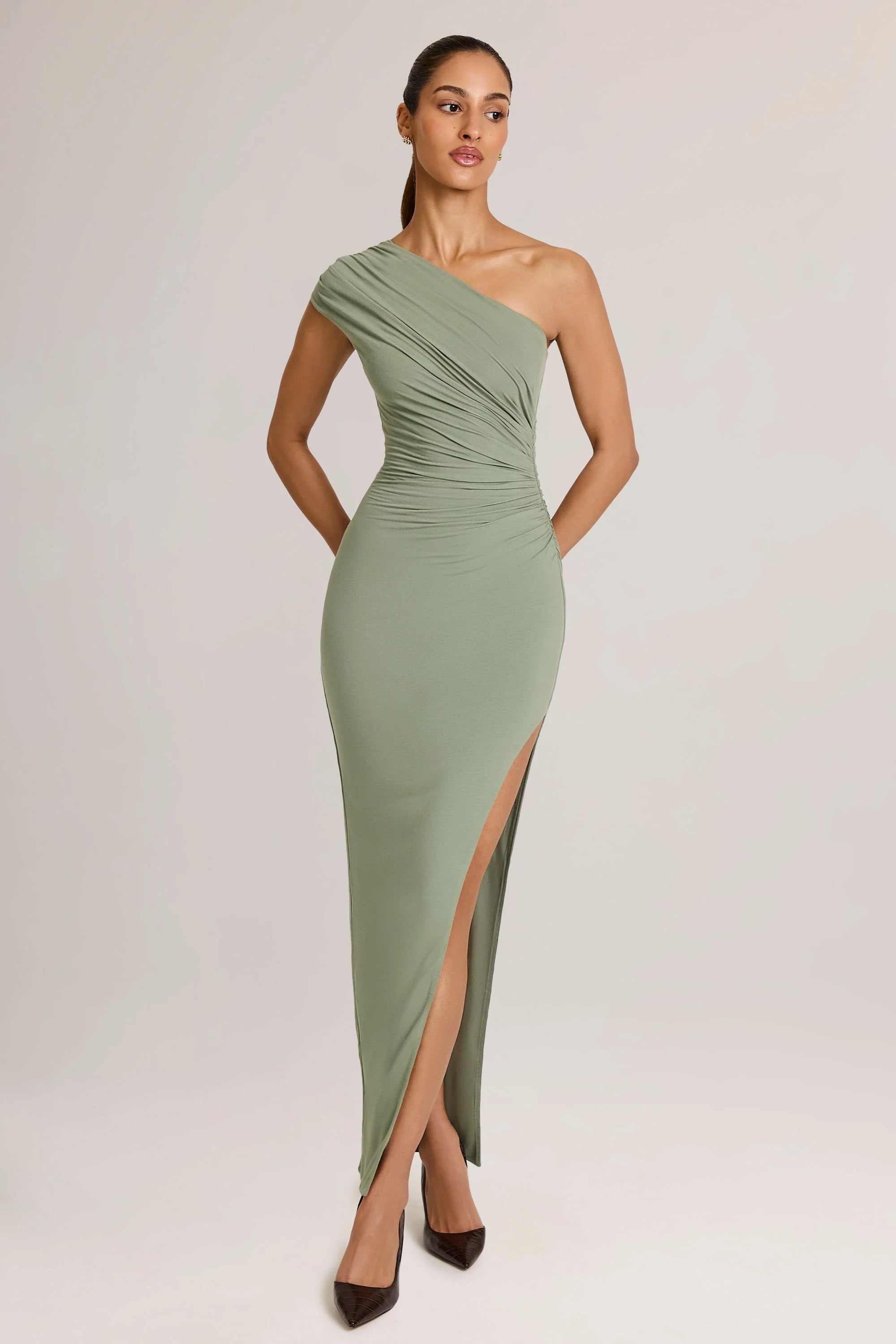 Modal Asymmetric Ruched Maxi Dress in Sage Green