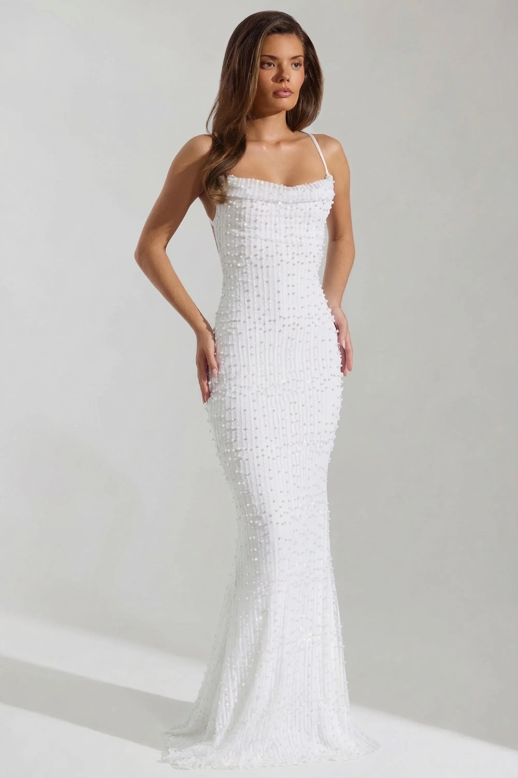 Embellished Cowl Neck Backless Maxi Dress in White