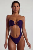 Bead Embellished Cut Out Bandeau Swimsuit in Deep Purple