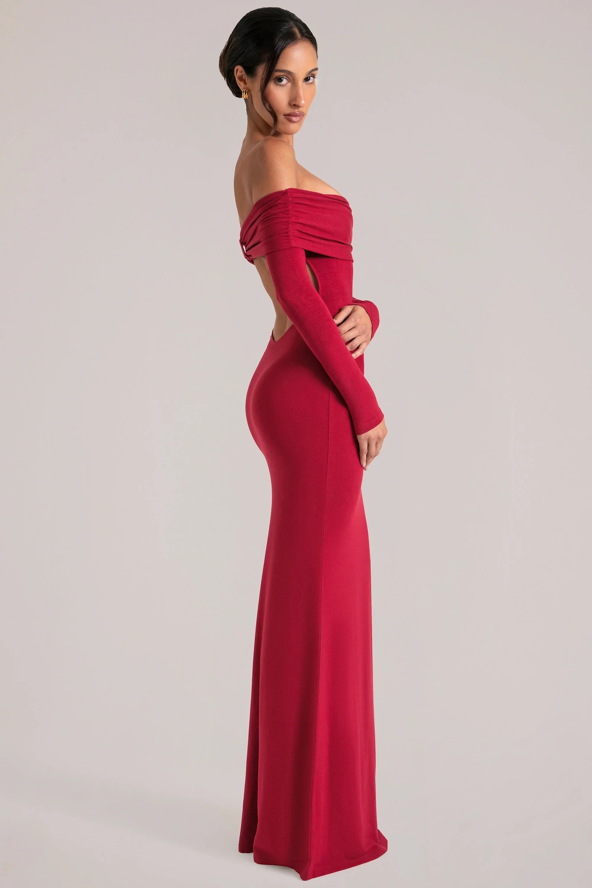 Off Shoulder Long Sleeve Maxi Dress in Cherry Red
