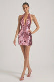 Sequin Embellished Halterneck Mini Dress in Pink