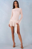 Long Sleeve Open Back Mini Dress in Ivory Polka Dot Print